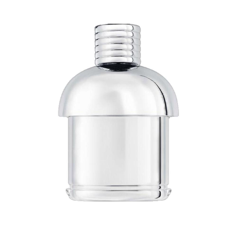 Flacone argentato con tappo argentato. Il flacone ha una forma cilindrica con un tappo arrotondato.