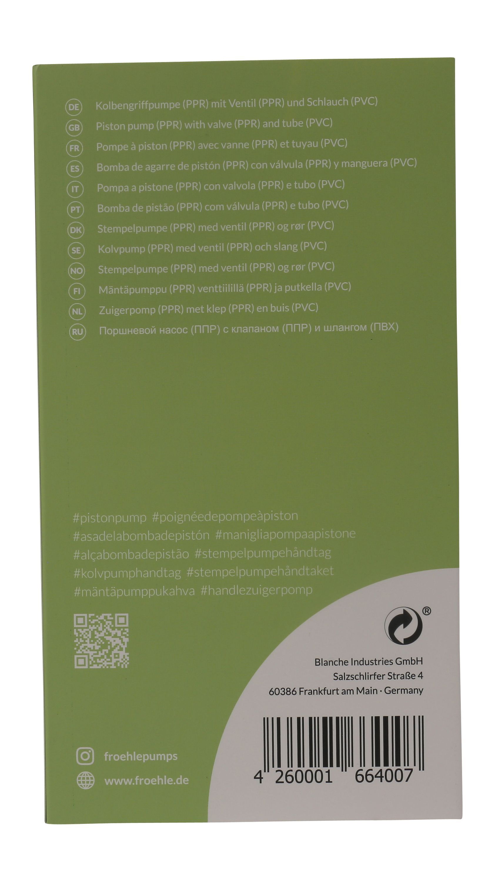 Retro della confezione Fröhle SP002 pompa a pistone con informazioni prodotto multilingue.
