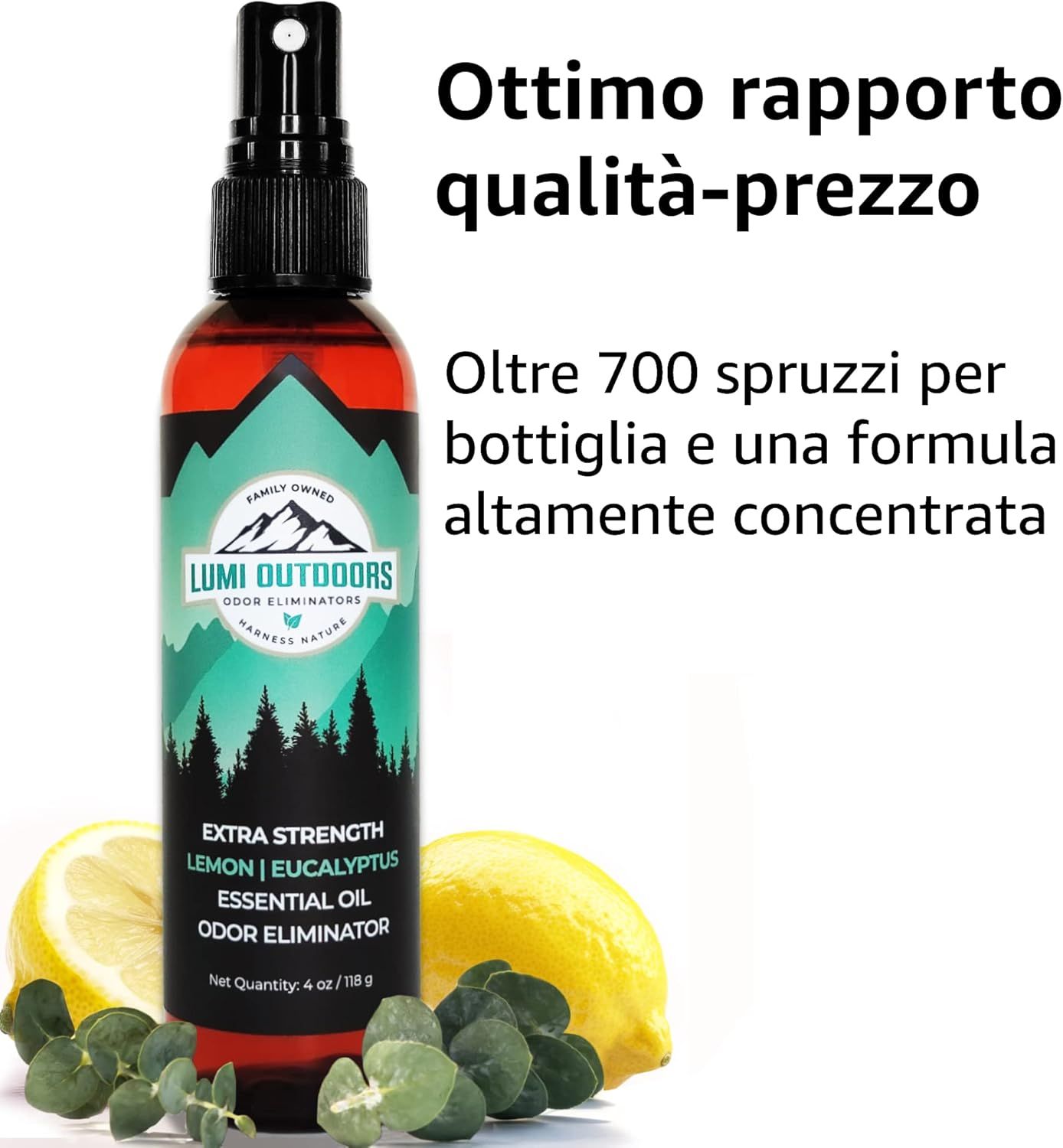 Spray eliminatore di odori Lumi Outdoors con limone ed eucalipto. Flacone marrone con etichetta e spruzzatore. Netto 4 oz / 118 g.