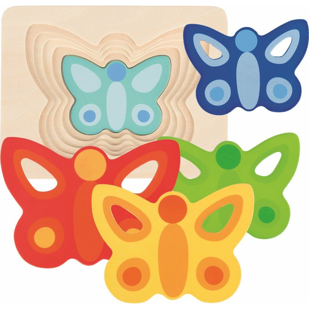 Puzzle Goki farfalla, 5 strati. Puzzle in legno con 4 farfalle colorate. Una farfalla nella base. Multicolore.