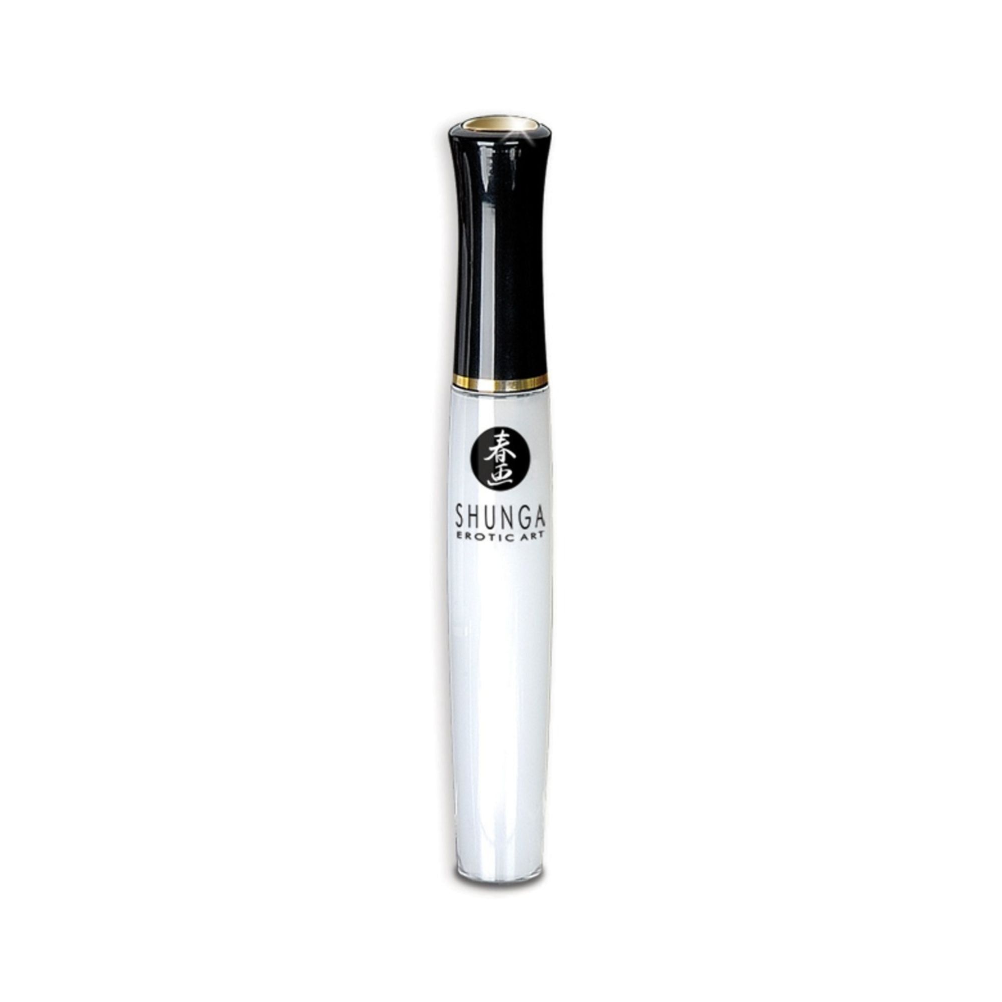 Lucidalabbra bianco in tubetto con tappo nero. Marchio: Shunga. Nome prodotto: Divine Oral Pleasure Gloss.