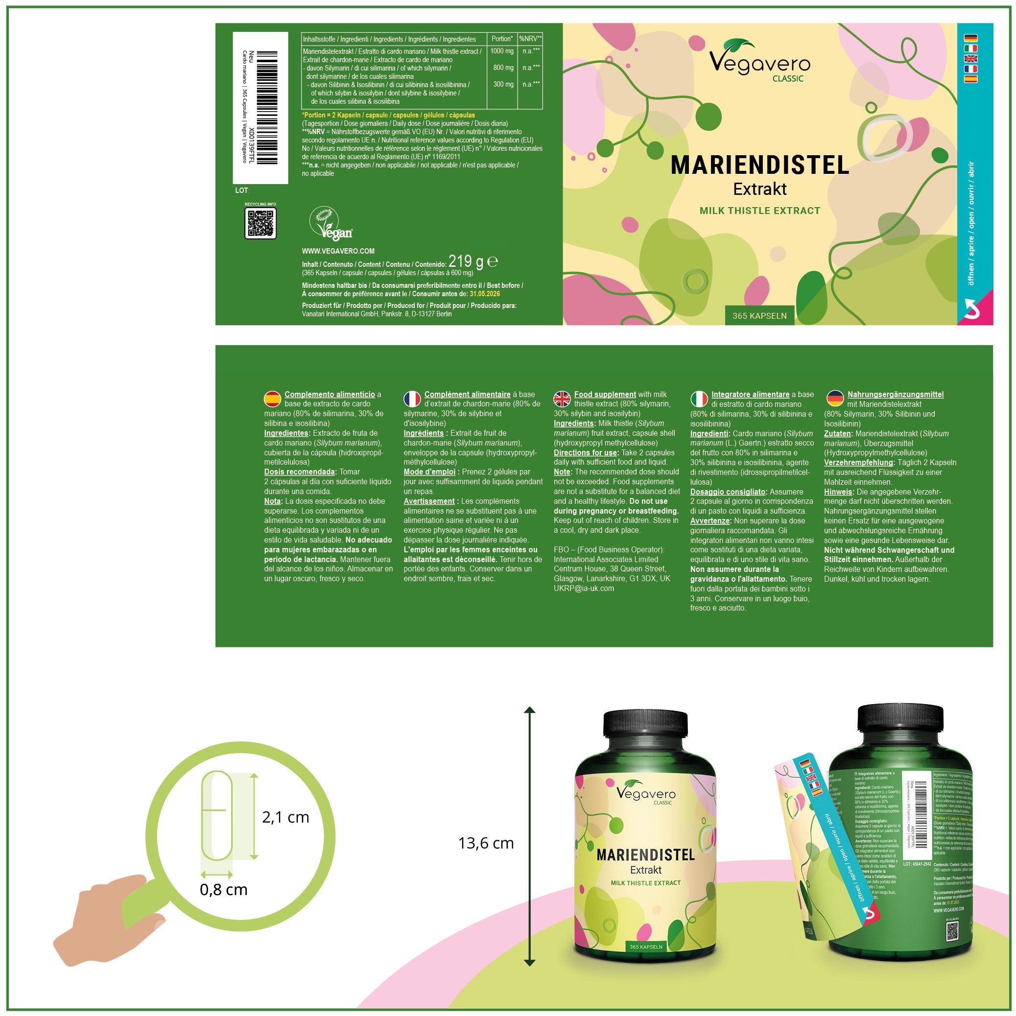 Confezione del prodotto con flacone ed etichetta. Flacone con estratto di cardo mariano. Etichetta con informazioni e valori nutrizionali.
