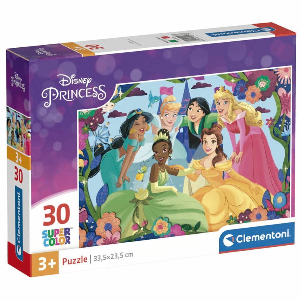 Scatola puzzle Clementoni. Mostra il motivo del puzzle con le principesse Disney. Contiene 30 pezzi. Confezione con informazioni.