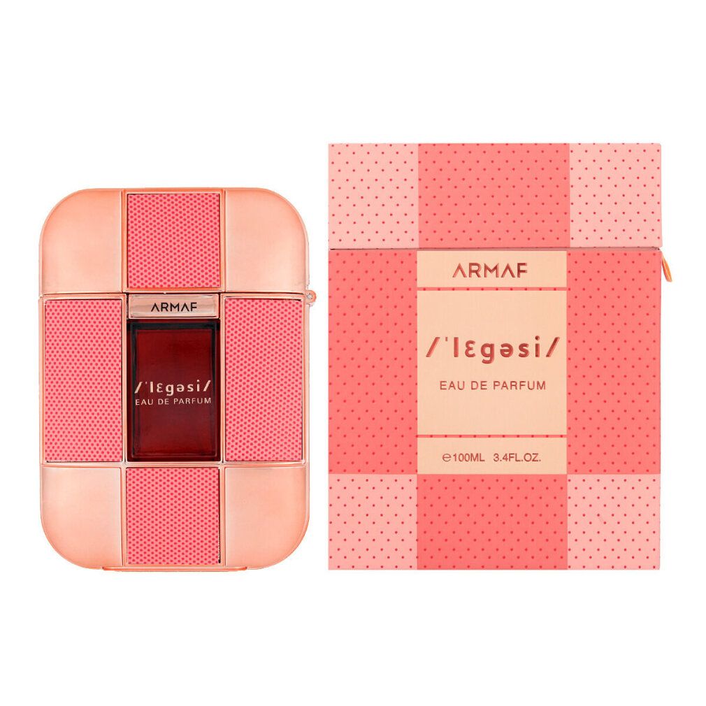 Flacone di profumo e confezione. Elementi rosa e oro. Testo: Armaf, /Legasi/, Eau de Parfum.
