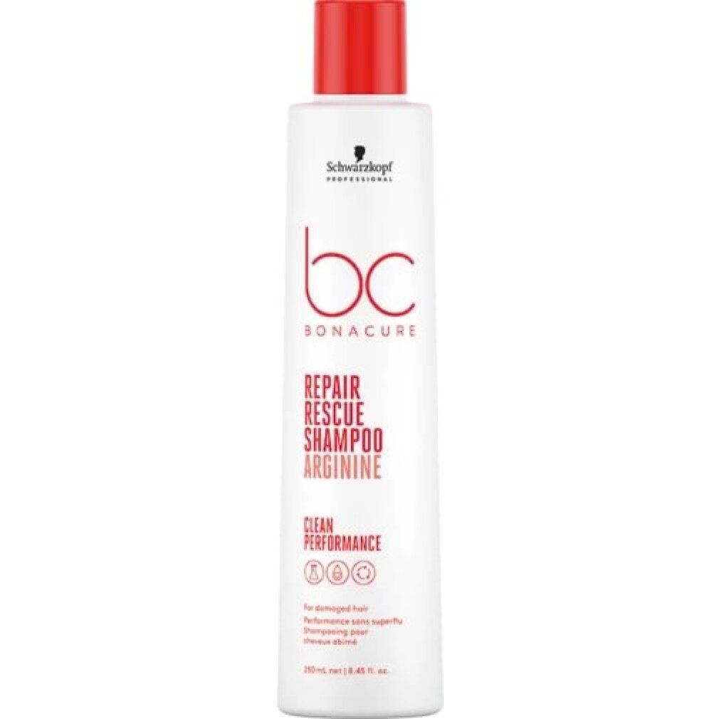 Shampoo bianco con tappo rosso. Scritta: BC Bonacure Repair Rescue Shampoo Arginine. Per capelli danneggiati.