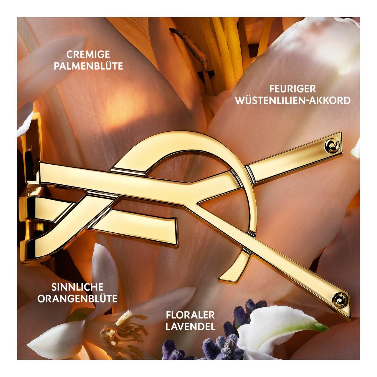 Primo piano del logo. Logo dorato su sfondo floreale. Testo: Fiore di palma cremosa, Accordo di giglio del deserto ardente, Fiore d'arancio sensuale, Lavanda floreale.