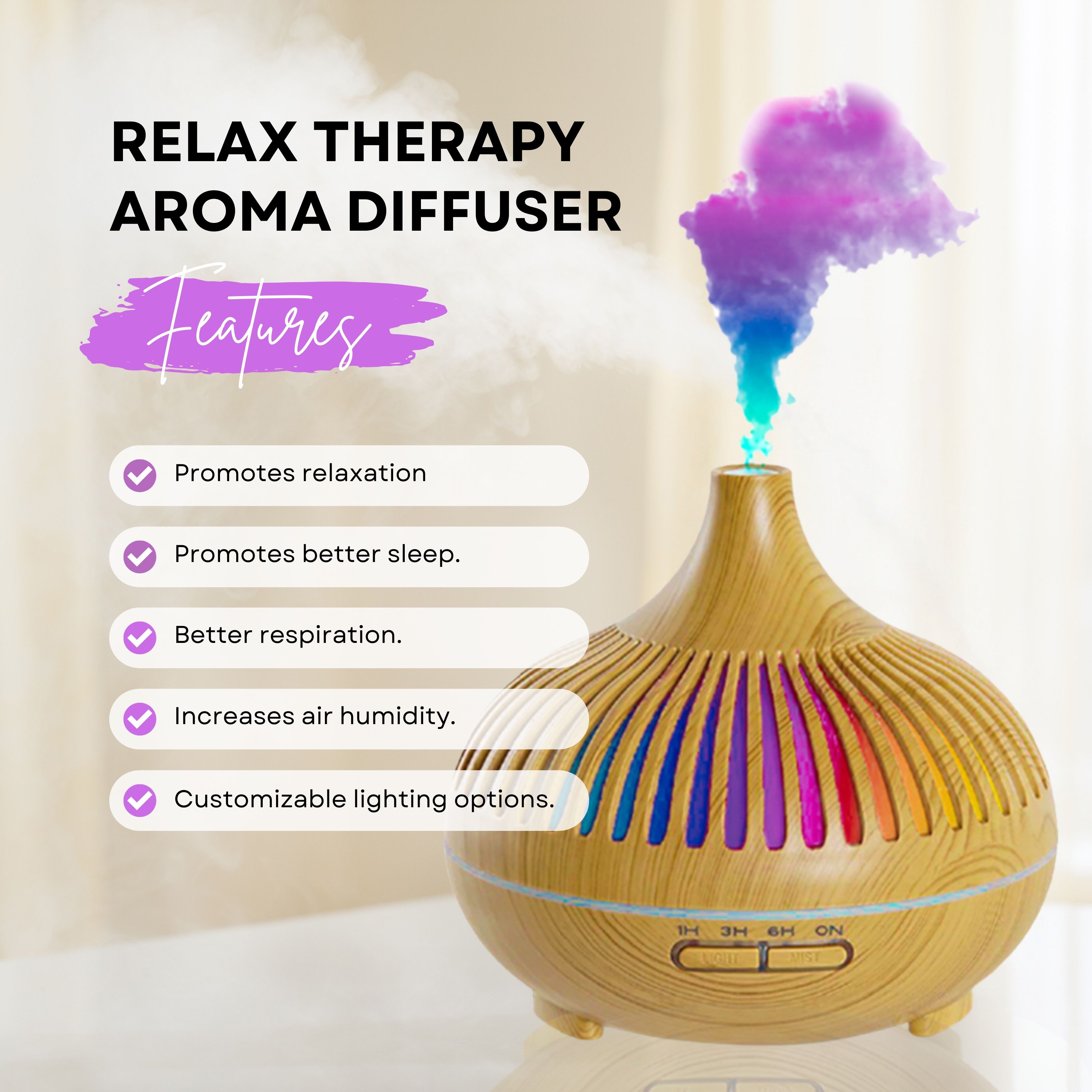 Diffusore di aromi color legno con luci colorate e elenco dei benefici.