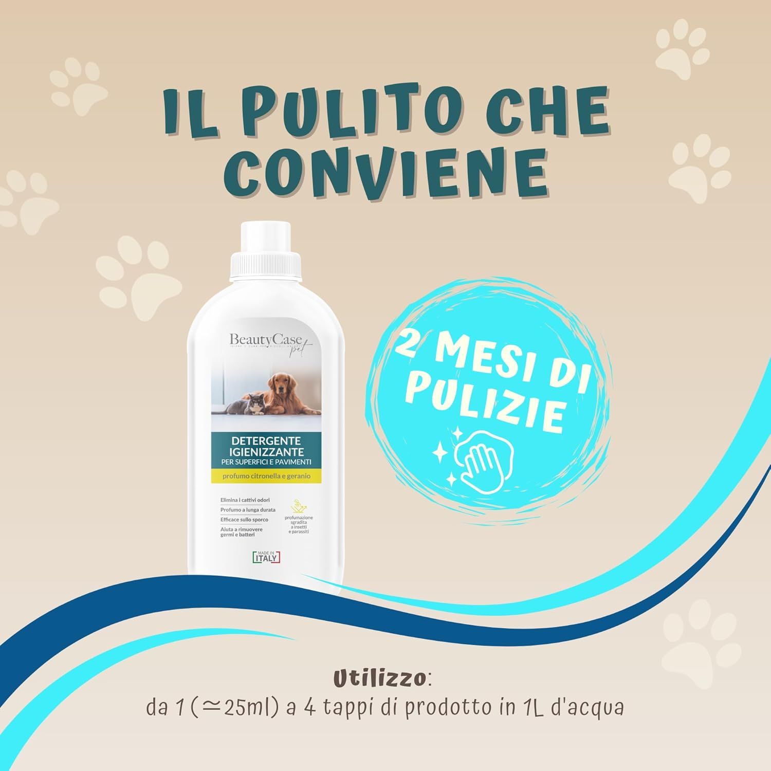 Immagine pubblicitaria con flacone di detergente. Testo: Il pulito che conviene, 2 mesi di pulizie. Utilizzo: 1-4 tappi in 1L d'acqua.