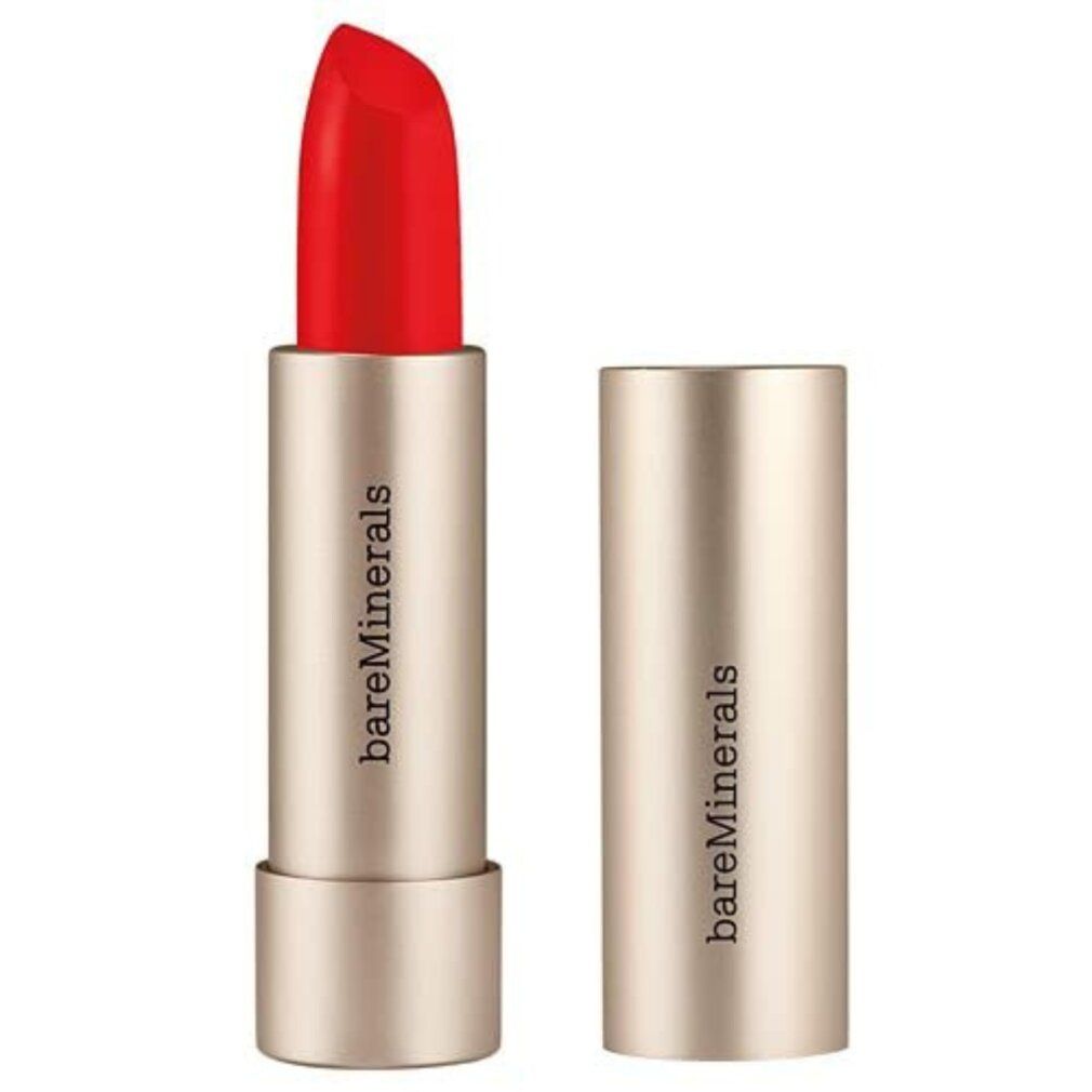 Rossetto rosso, aperto. Astuccio dorato con scritta bareMinerals. Stick di rossetto visibile.