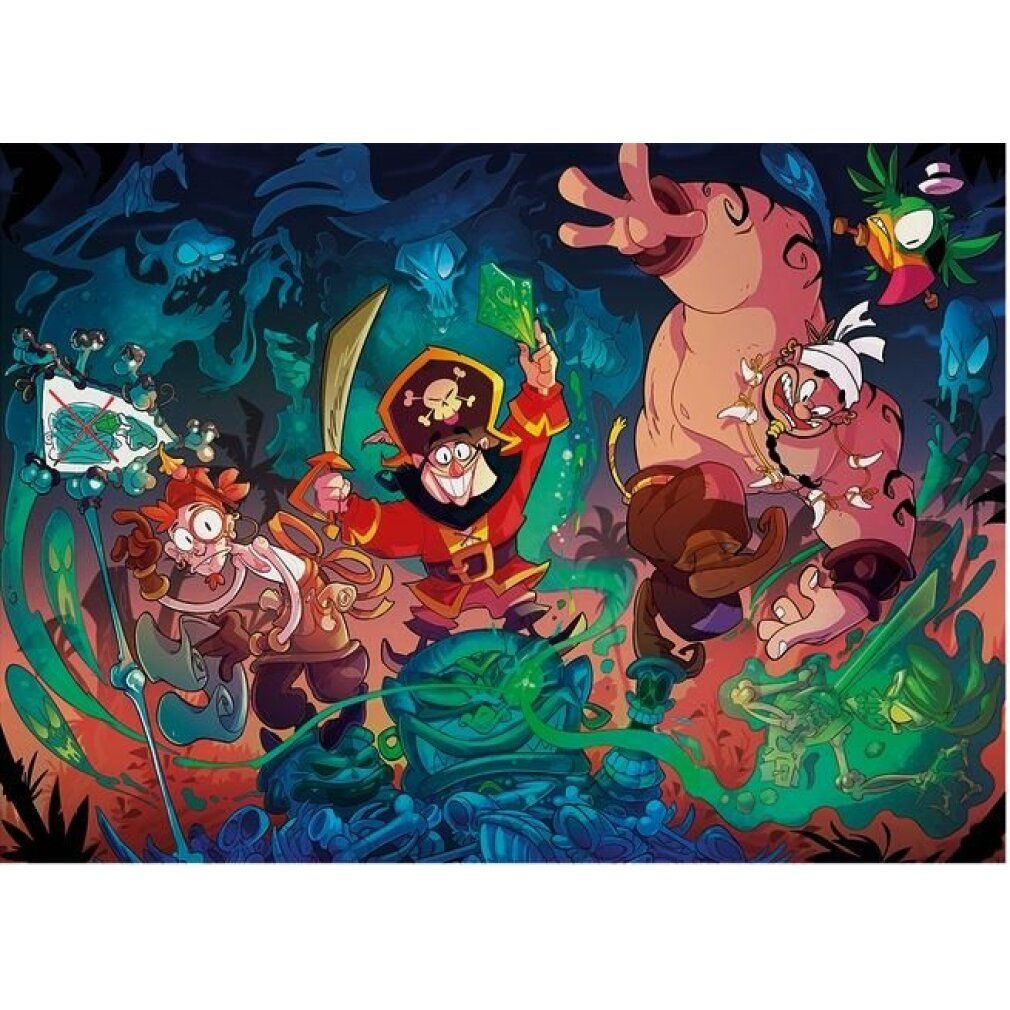 Puzzle completo con illustrazione di pirati. 60 pezzi. Personaggio pirata con giacca rossa, spada e cappello con teschio.