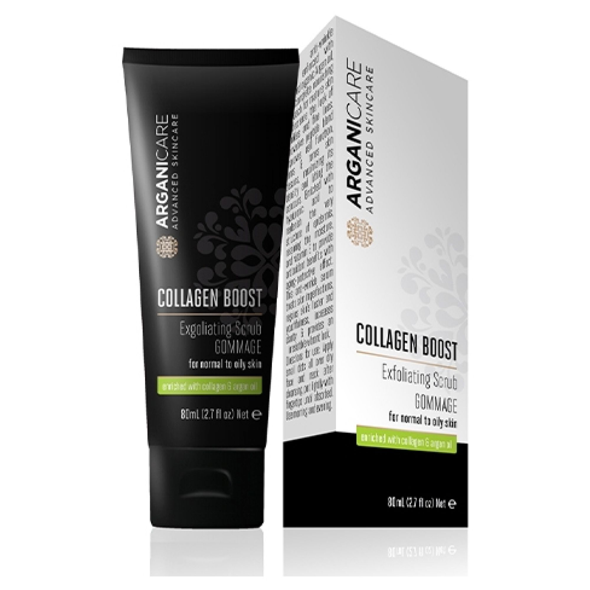 Arganicare Collagen Boost Scrub viso tubo e scatola. Per pelli da normali a grasse.