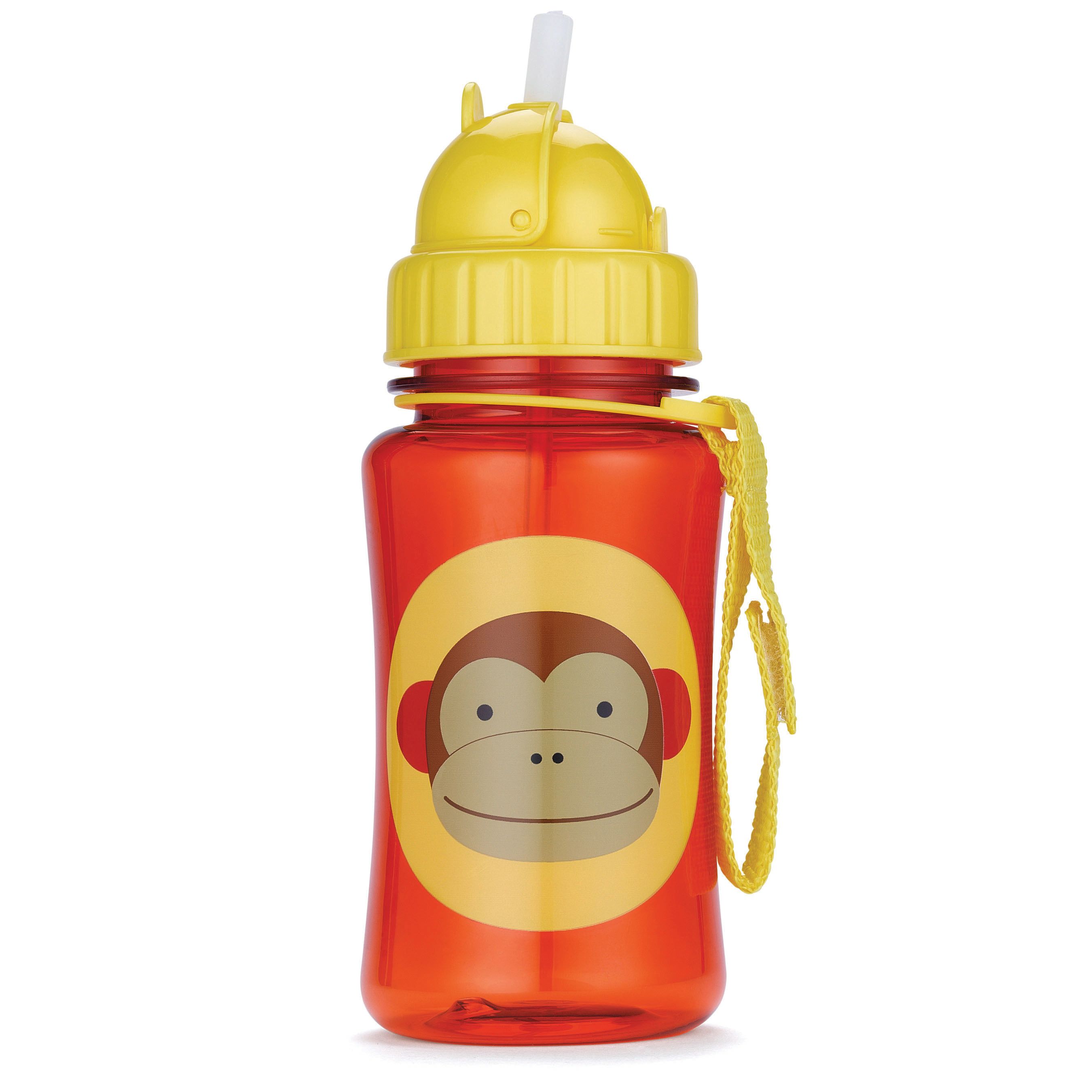 Borraccia rossa con tappo giallo e motivo scimmia. Manico giallo. Plastica.