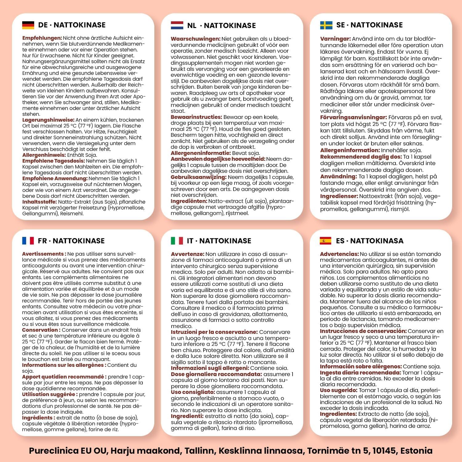 Informazioni multilingue sulle capsule di nattokinase. Contiene dosaggio, ingredienti e avvertenze in diverse lingue.