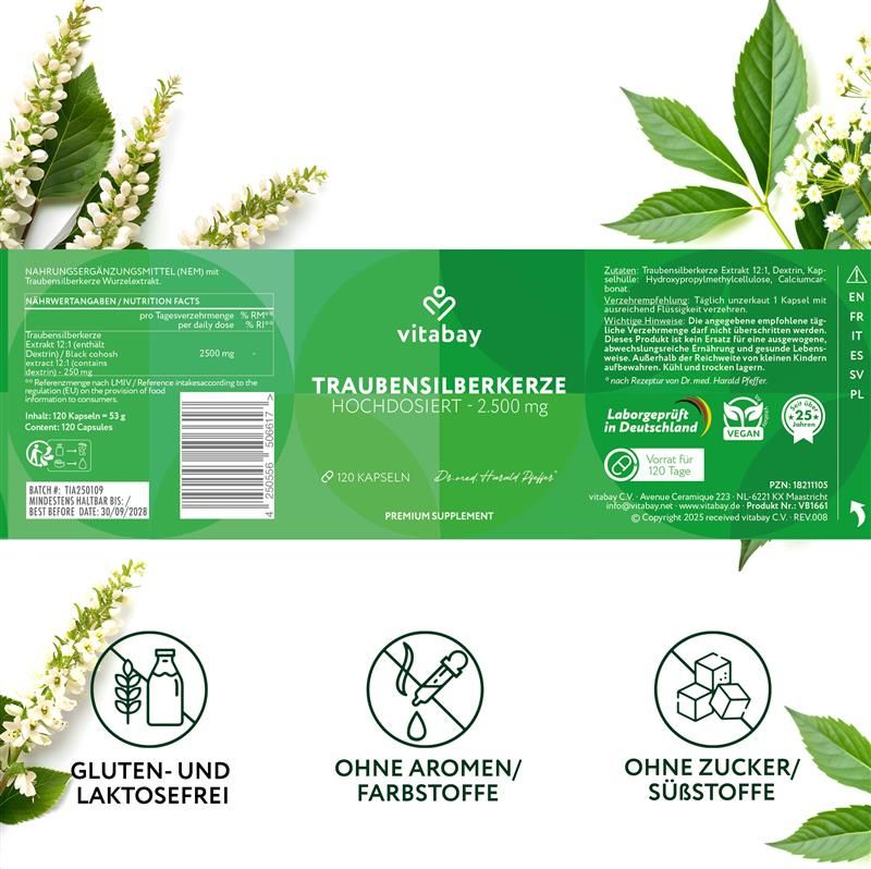 Retro di una confezione di Vitabay Traubensilberkerze 2.500 mg. Contiene informazioni e loghi. Senza glutine e lattosio, senza aromi/coloranti, senza zucchero/dolcificanti.