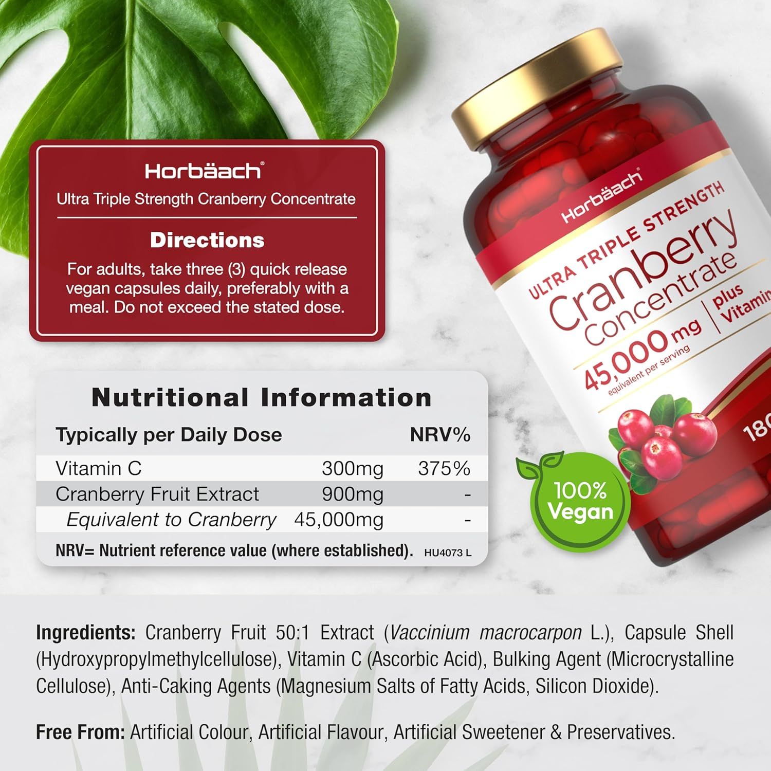 Informazioni sul prodotto. Cranberry Concentrate 45.000mg + Vitamina C. 180 capsule. Vegan. Ingredienti.