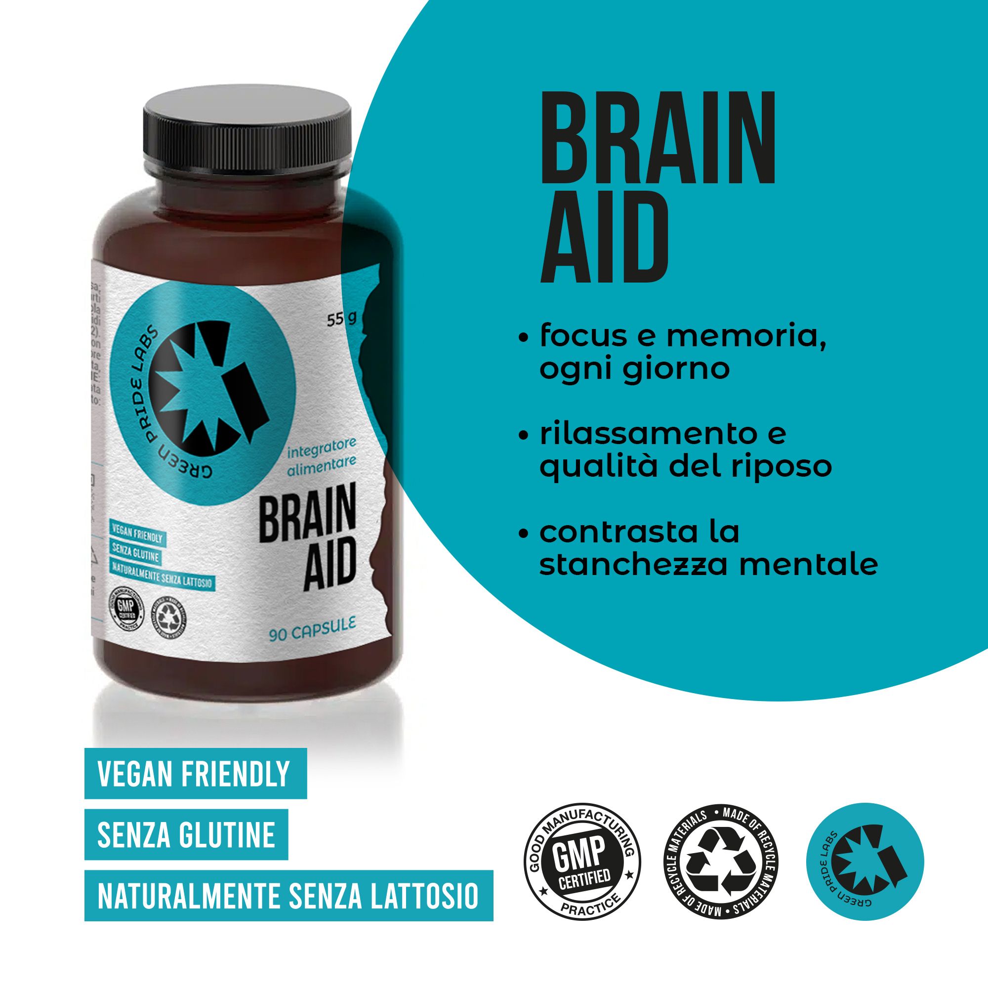 Flacone marrone "Brain Aid" da 90 capsule. Vegano, senza glutine, senza lattosio.