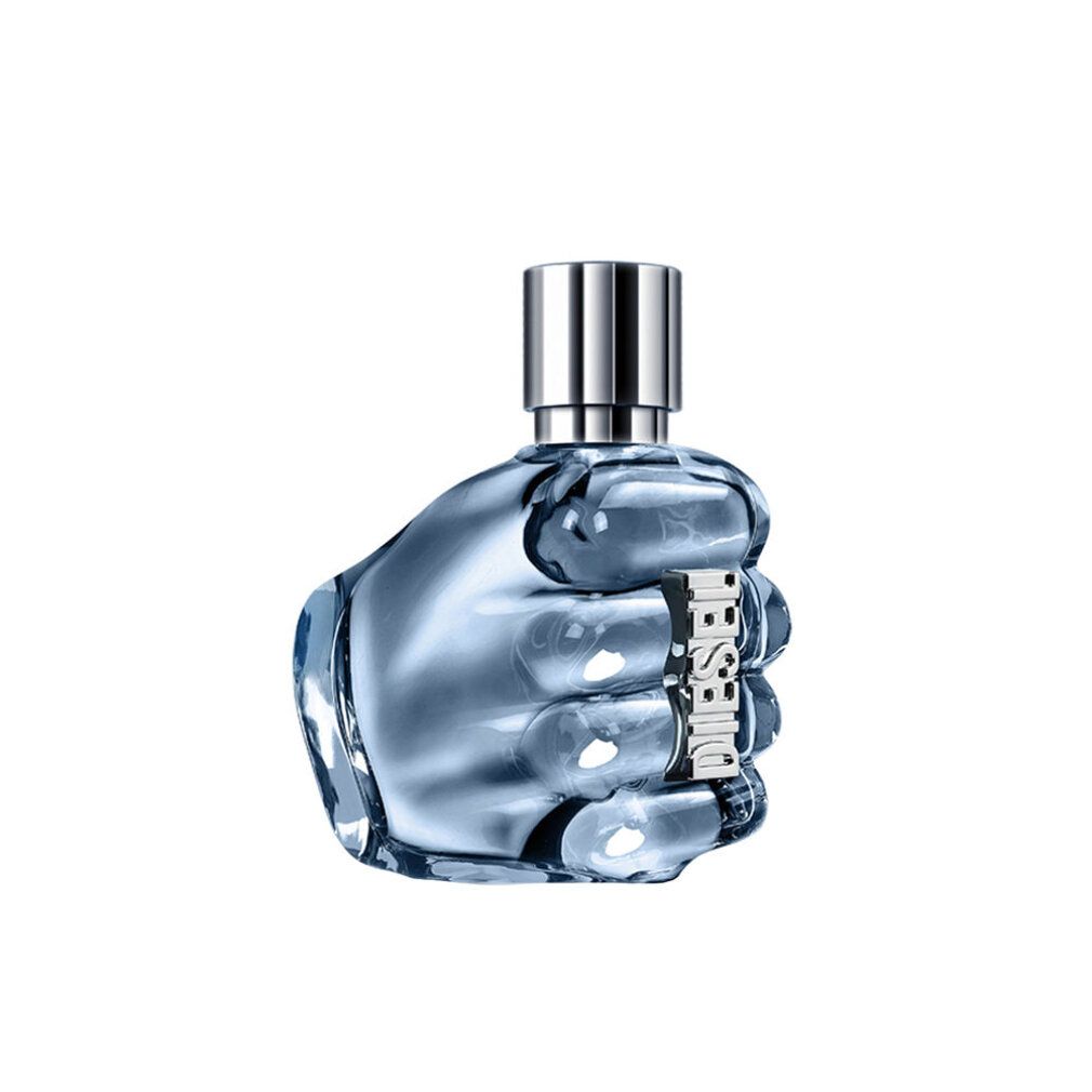 Flacone di profumo azzurro a forma di pugno, tappo argentato. Scritta "DIESEL" sul polso.