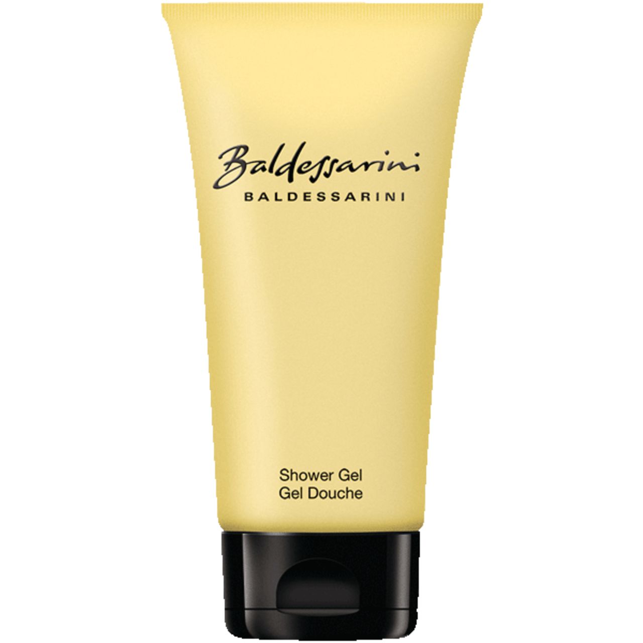 Tubo giallo con tappo nero. Scritta Baldessarini. Scritta: Shower Gel, Gel Douche.