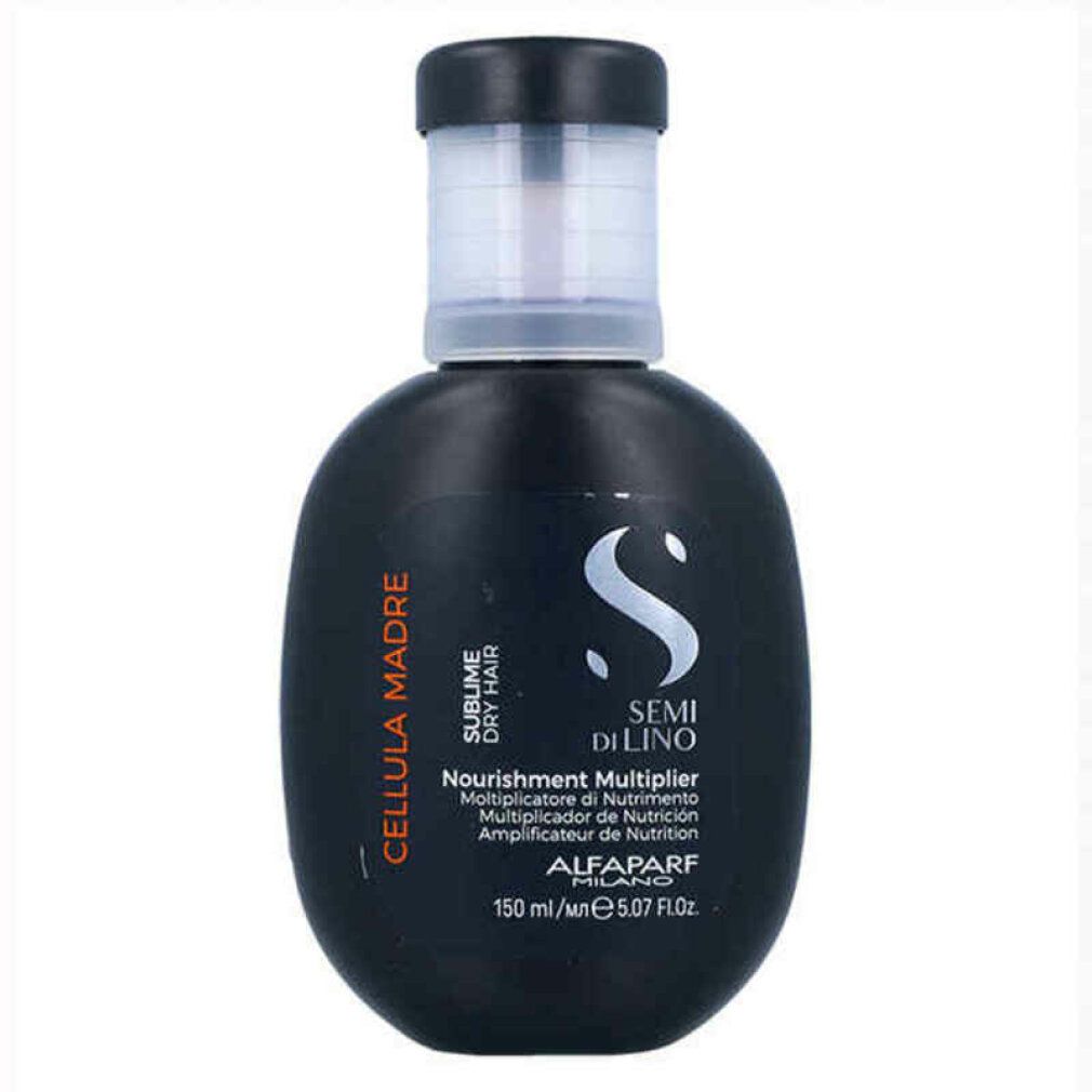 Flacone nero con liquido. Scritta: Semi Di Lino, Nourishment Multiplier, Alfaparf Milano. 150 ml.