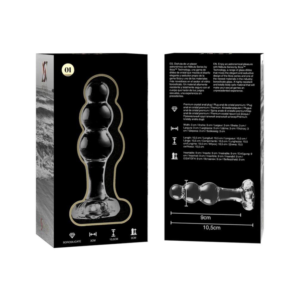 Confezione con viste di un plug anale in vetro trasparente. Dimensioni visibili.