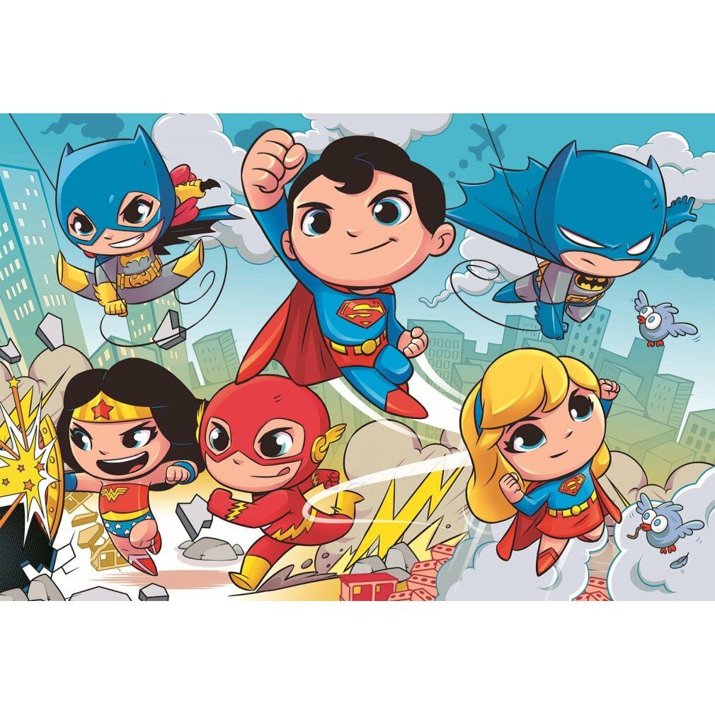 Puzzle DC Super Friends. Sei supereroi in stile fumetto. Sfondo: paesaggio urbano. Pezzi del puzzle non visibili.