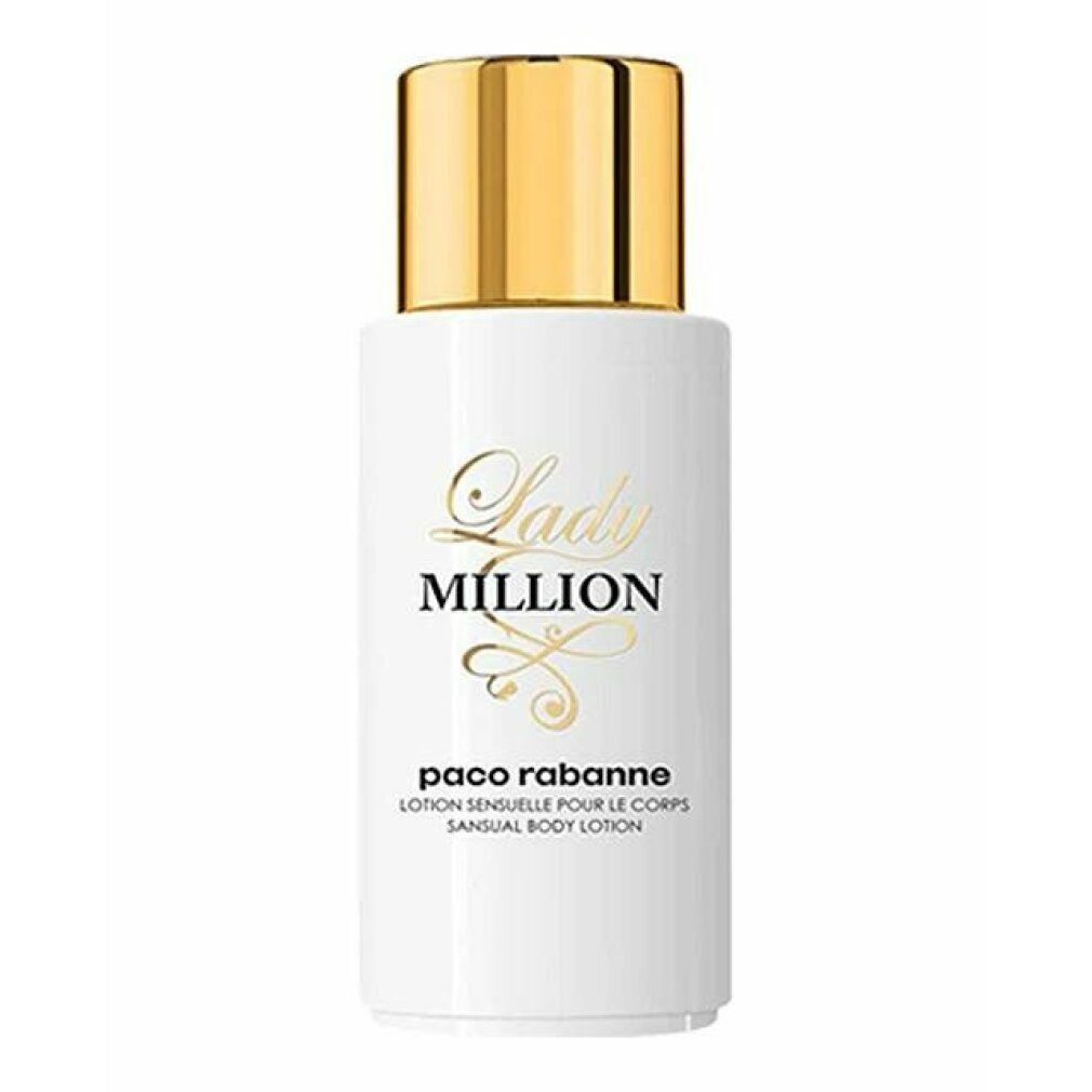 Flacone bianco con tappo dorato. Scritta 'Lady Million' e 'Paco Rabanne'. Lozione corpo sensuale.