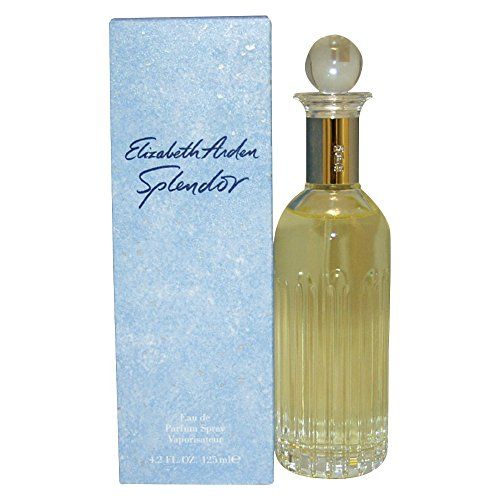 Flacone di profumo accanto alla scatola. Flacone con tappo in vetro. Scatola con scritta: Elizabeth Arden Splendor. Testo: Eau de Parfum Spray.