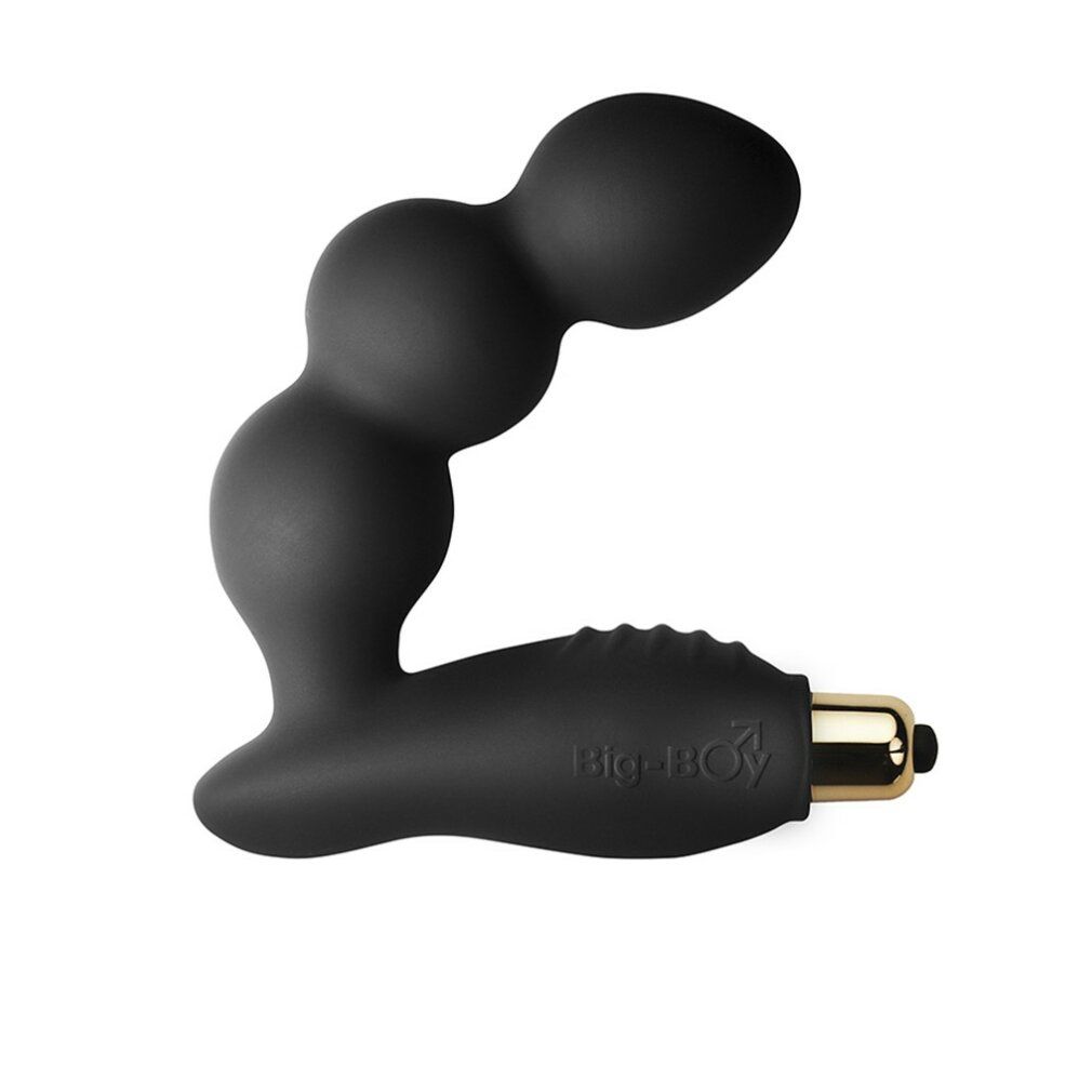 Vibratore nero con tre sfere e forma curva. Connettore metallico dorato. Scritta "Big-BOY".