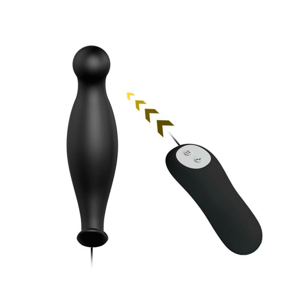 Plug anale nero con telecomando. Il plug ha una punta rotonda e una forma allungata. Connessione via cavo.