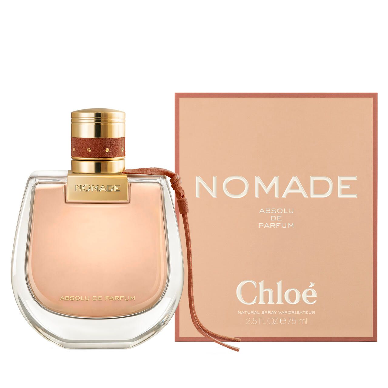 Flacone di profumo e confezione. Scritta: Nomade Absolu de Parfum, Chloé. Flacone con cinturino in pelle.