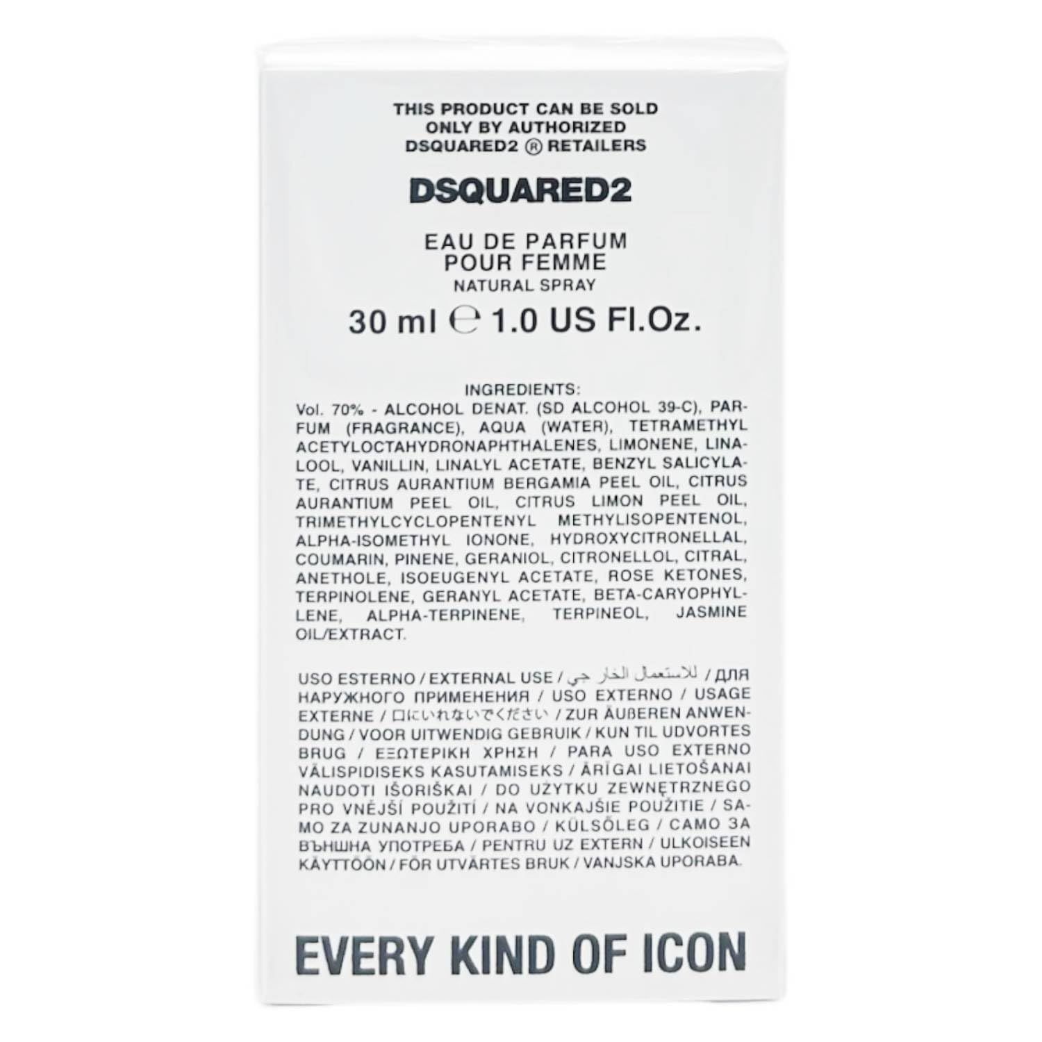 Confezione bianca con testo. "DSQUARED2", "EAU DE PARFUM POUR FEMME", 30 ml, ingredienti e "EVERY KIND OF ICON".