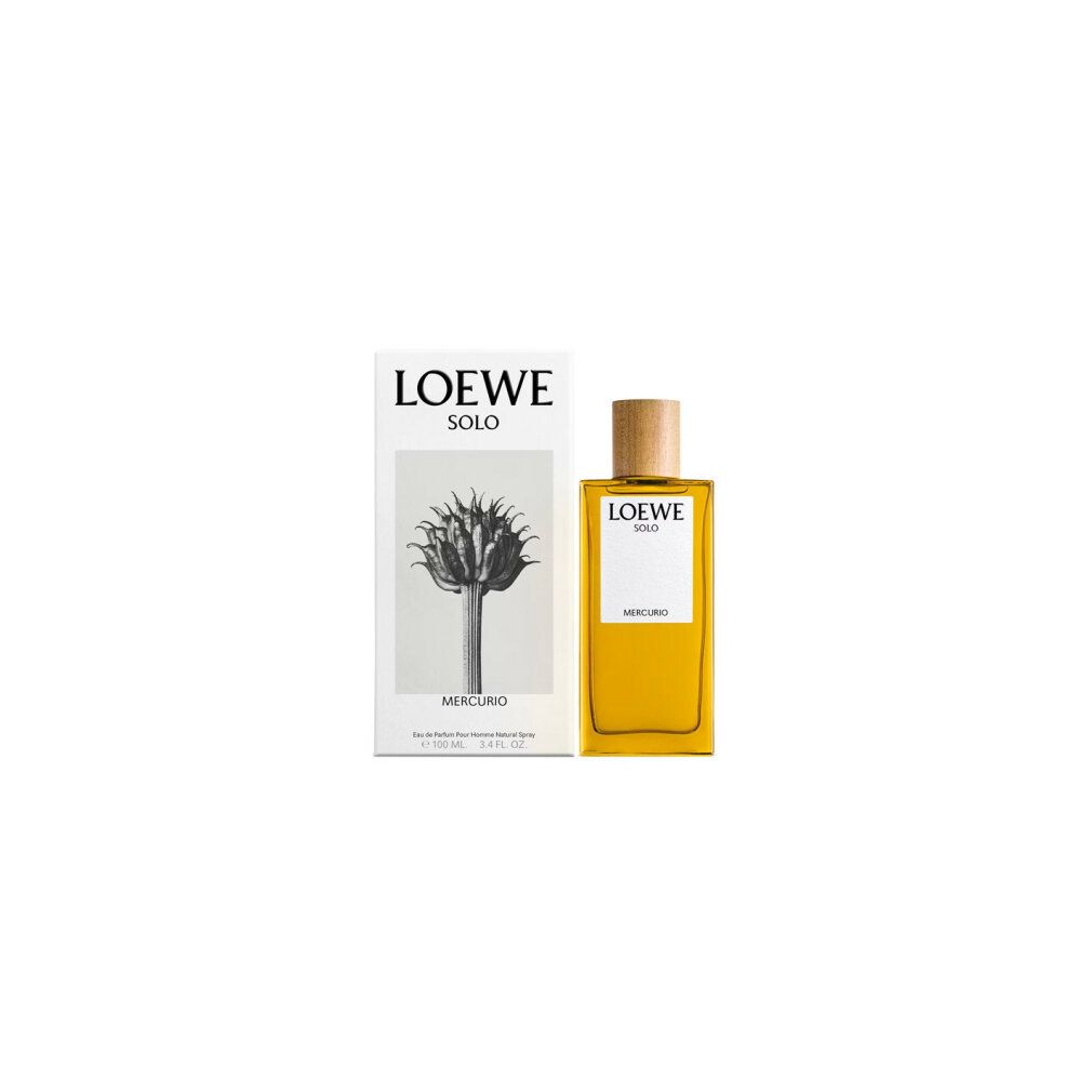 Flacone e confezione. Sulla confezione: "LOEWE SOLO MERCURIO". Flacone con tappo in legno e liquido giallo.