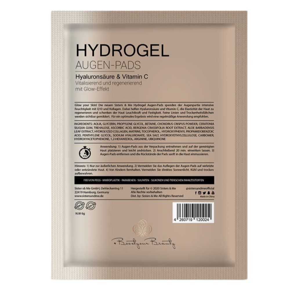 Retro della confezione dei cuscinetti idrogel per occhi. Testo: Hydrogel Augen-Pads con acido ialuronico e vitamina C. Ingredienti, istruzioni per l'uso e produttore.