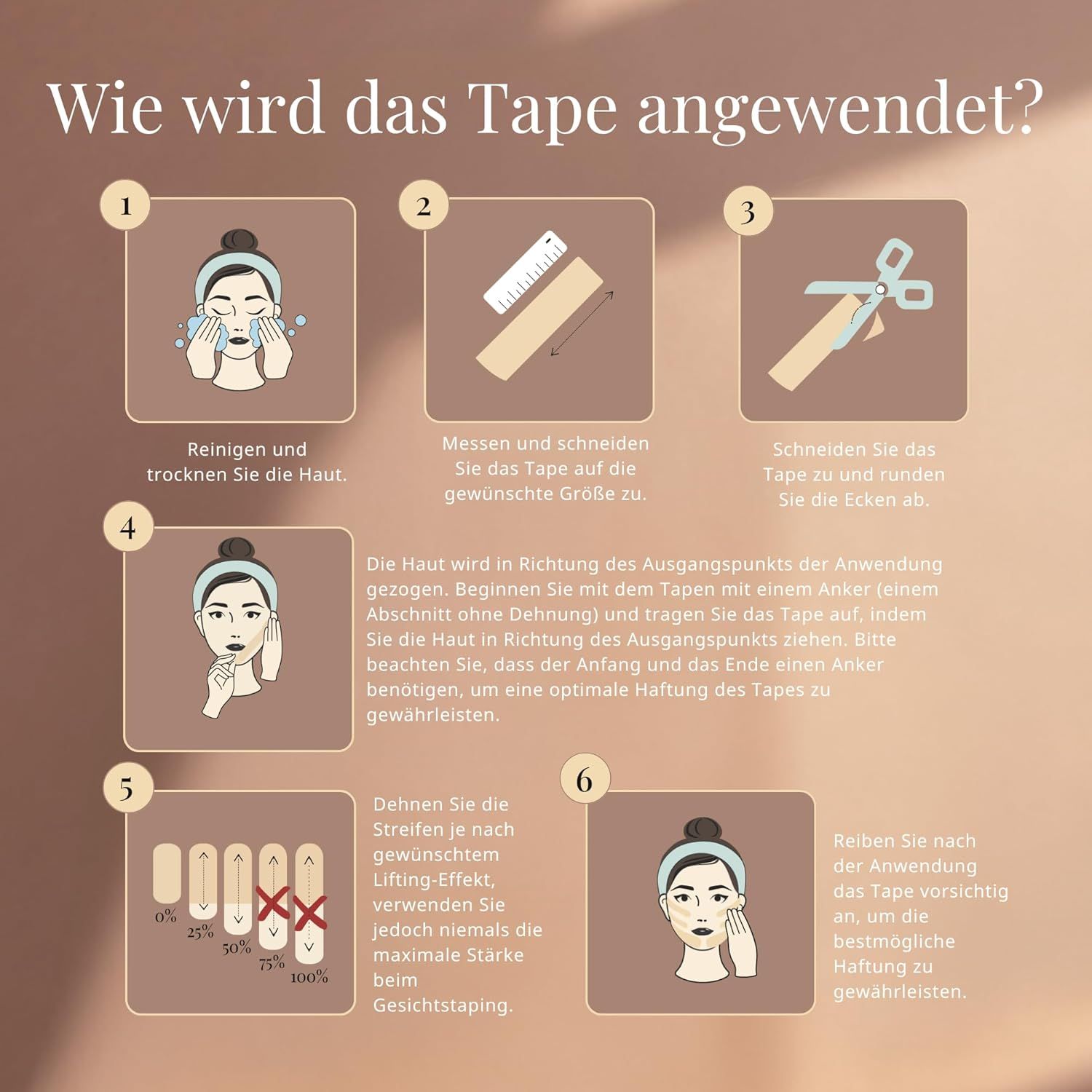 Istruzioni per l'applicazione del tape. Passaggi: Pulire, Misurare, Tagliare, Applicare, Allungare, Strofinare.