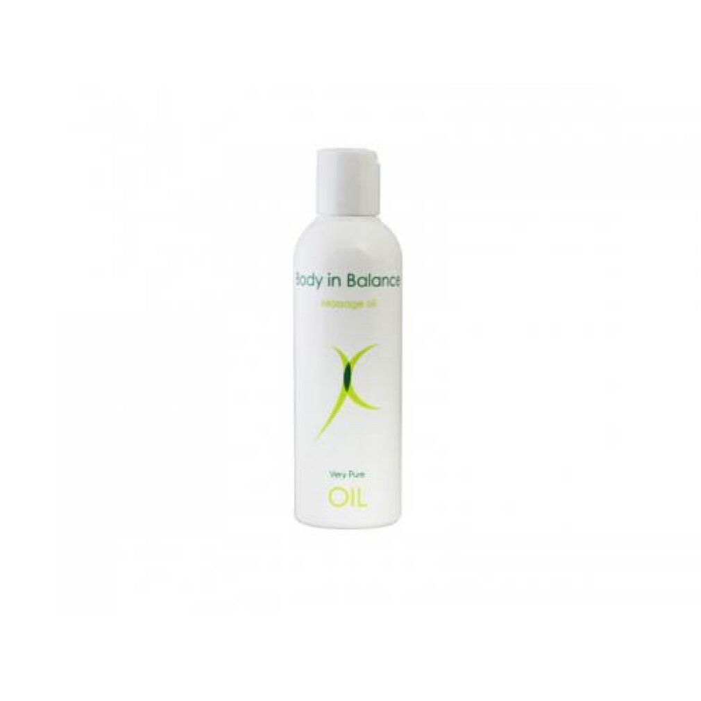 Flacone bianco con logo verde e scritta "Body in Balance Massage Oil".