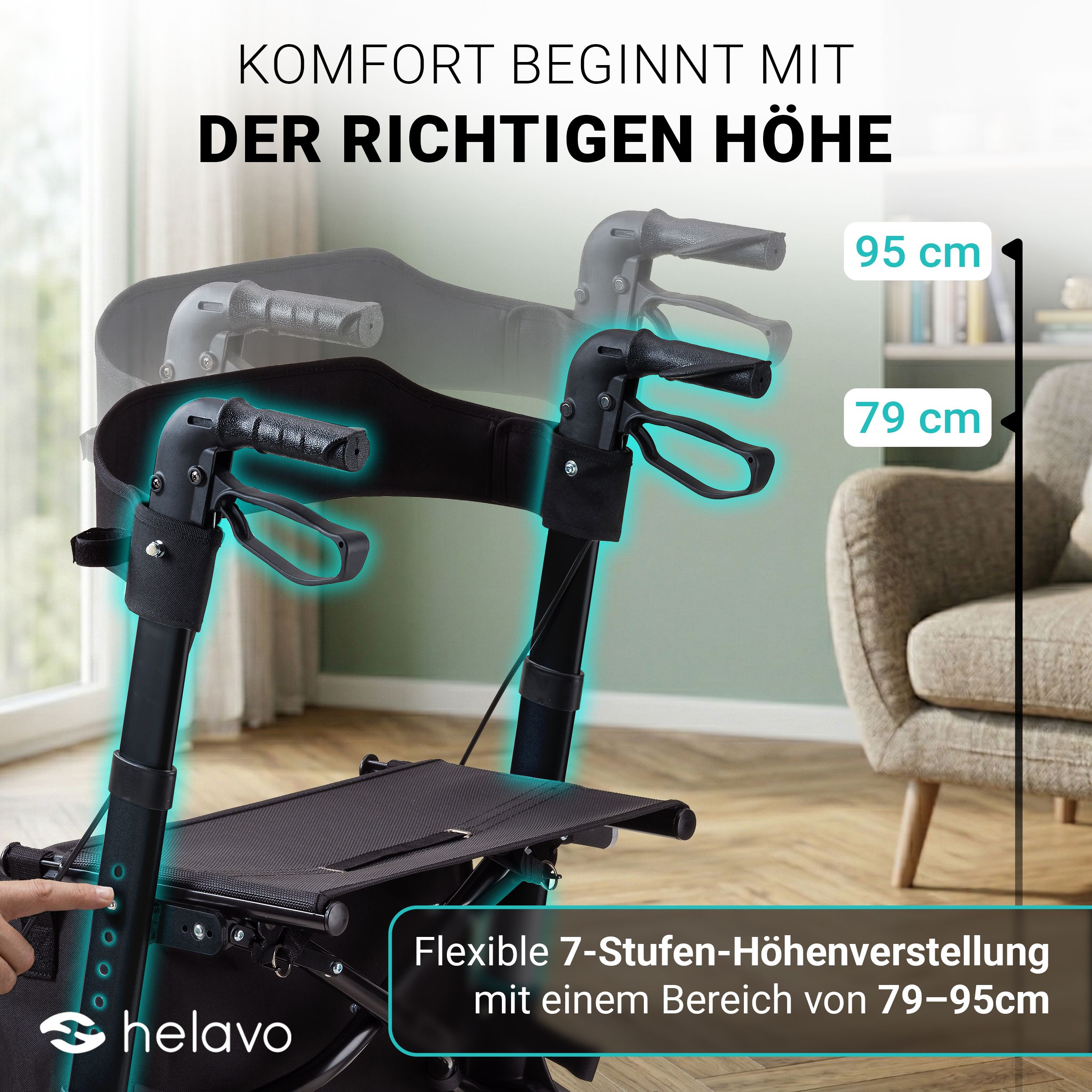 Regolazione in altezza di un rollator Helavo da 79 cm a 95 cm in 7 livelli.