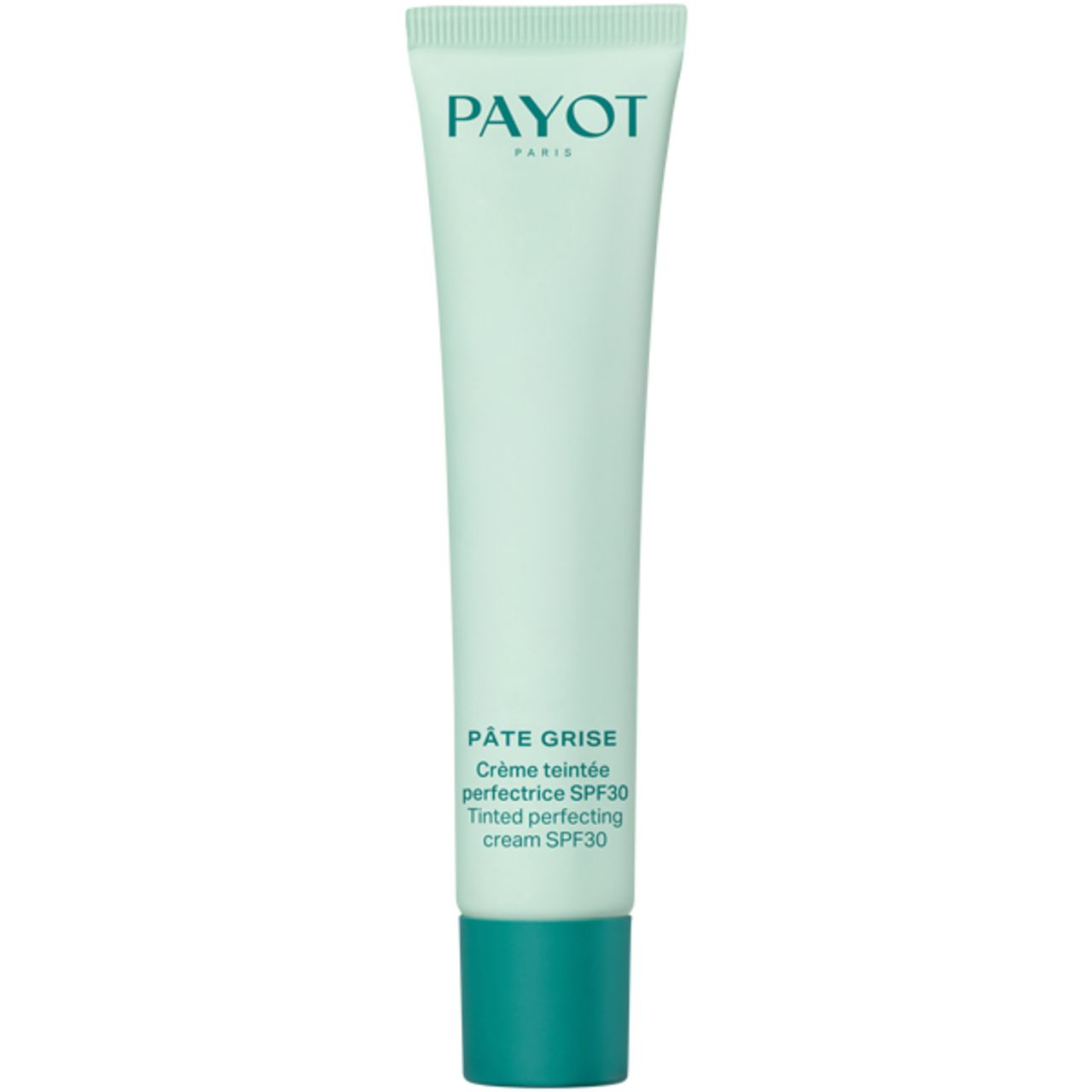 Payot Pâte Grise Nude SPF 30. Tubo verde chiaro. Testo: Pâte Grise, Crème teintée perfectrice SPF30. Tappo verde. Marchio Payot.