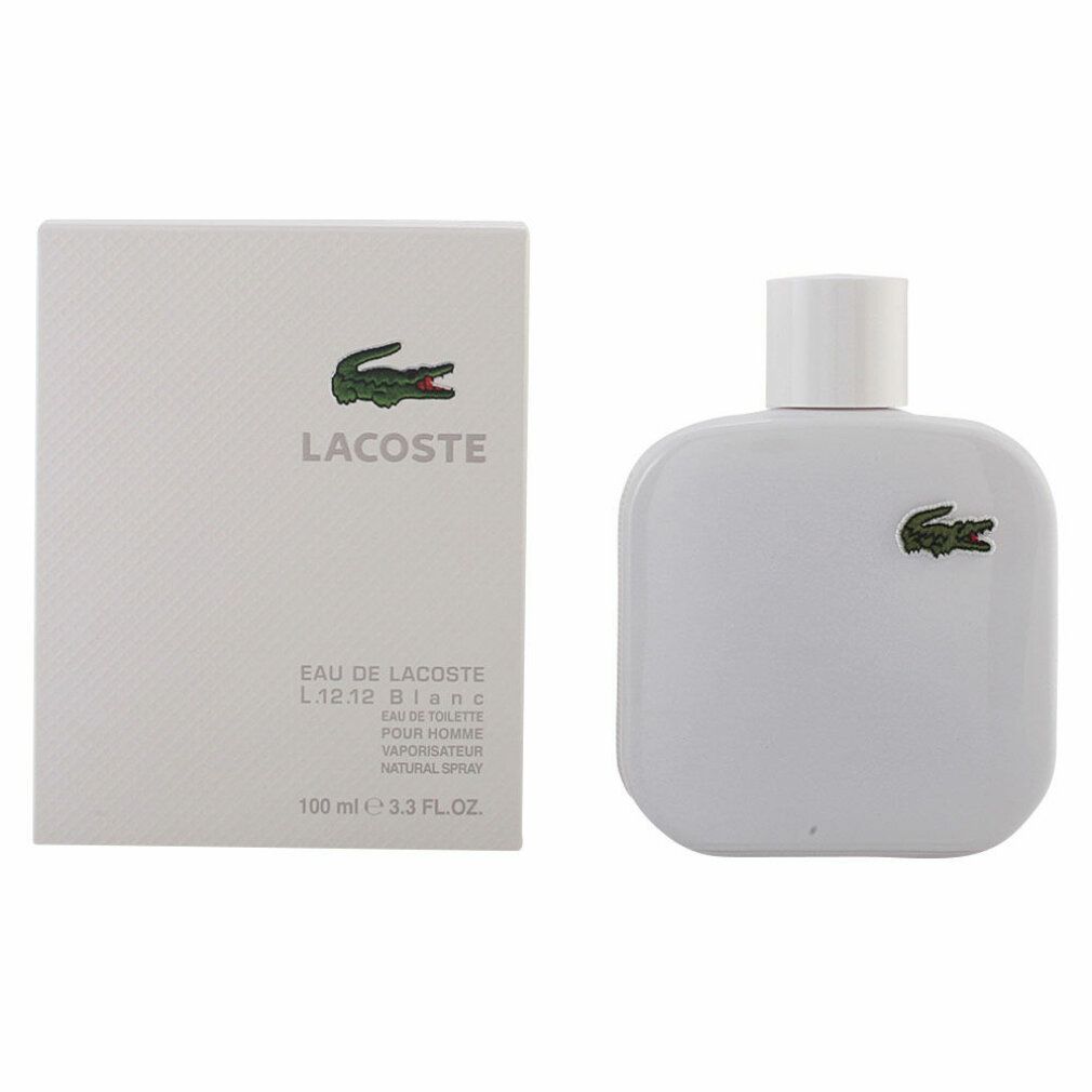 Flacone di profumo bianco e scatola. Flacone quadrato, bianco con coccodrillo verde. Scatola con logo e testo: Eau de Lacoste L.12.12 Blanc.