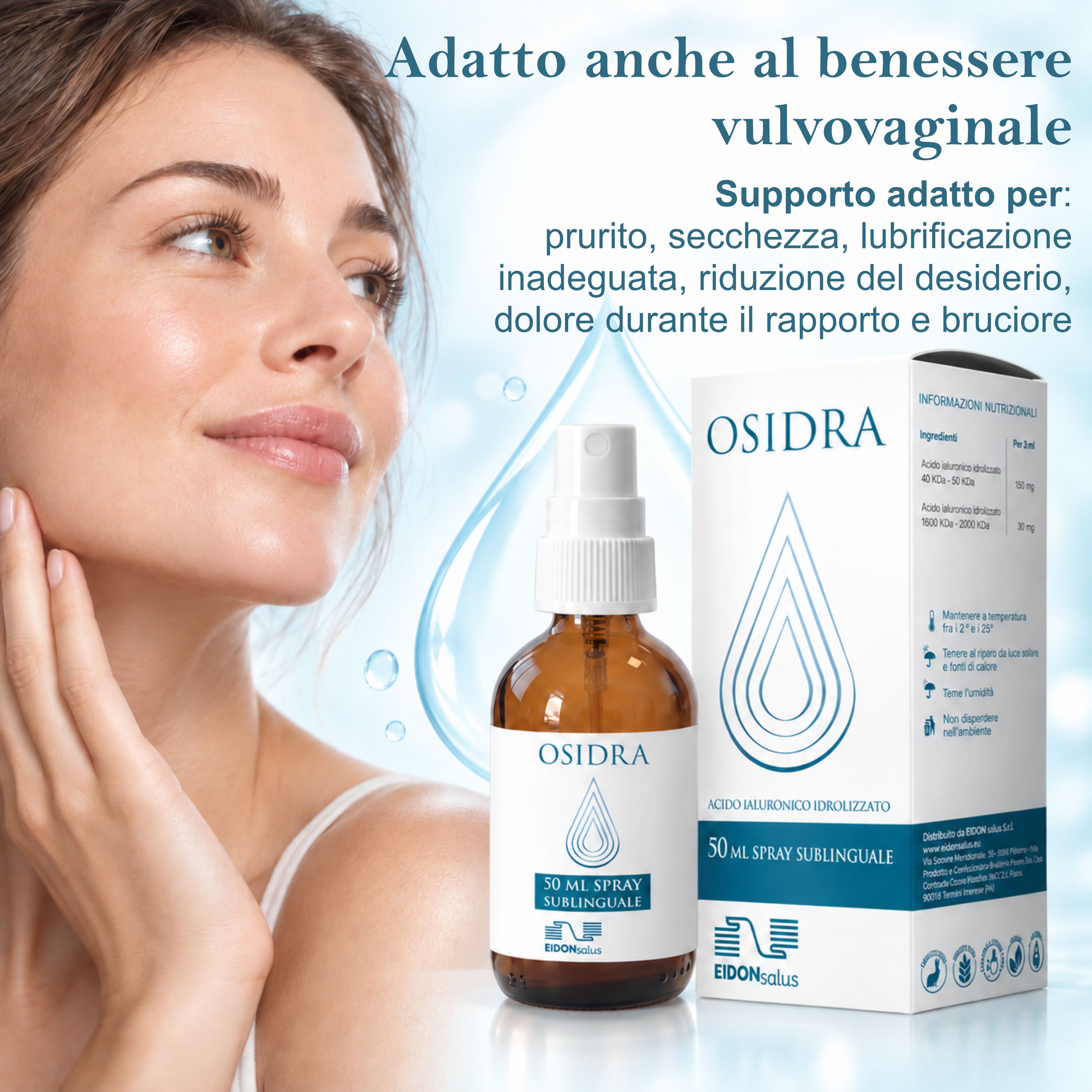 Spray OSIDRA: flacone e scatola accanto a donna sorridente. "Adatto anche al benessere vulvovaginale".