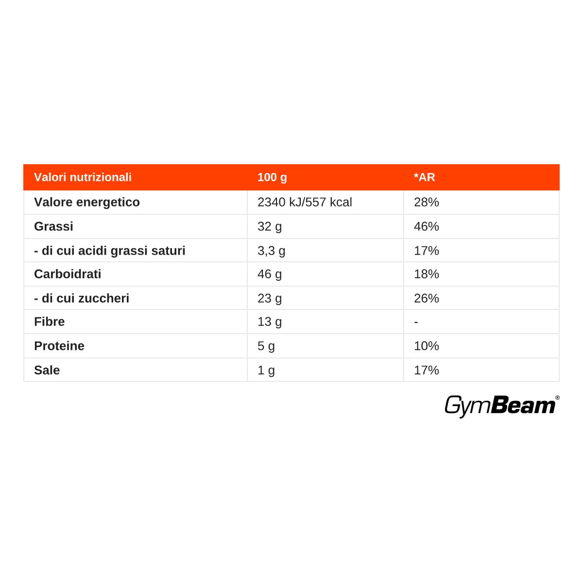 Tabella nutrizionale per GymBeam Just Veggies Chips: 100g contengono 557 kcal, 32g grassi, 46g carboidrati, 13g fibre.