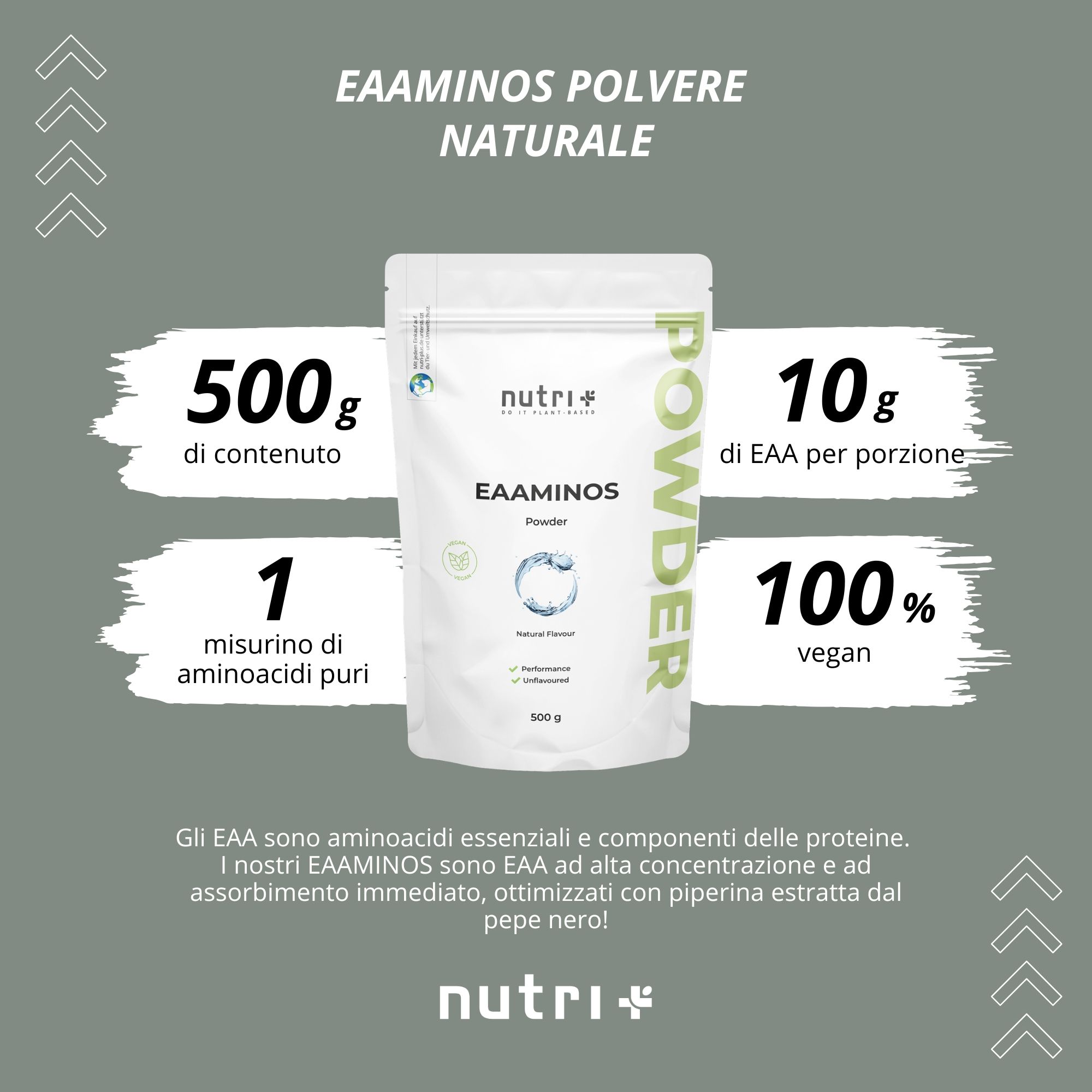 Grafica con busta e informazioni: 500g contenuto, 10g EAA per porzione, 1 misurino, 100% vegano.