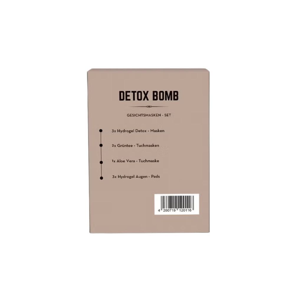 Retro della confezione. Testo: "Detox Bomb", "Set di maschere per il viso". Elenco dei prodotti inclusi. Codice a barre.