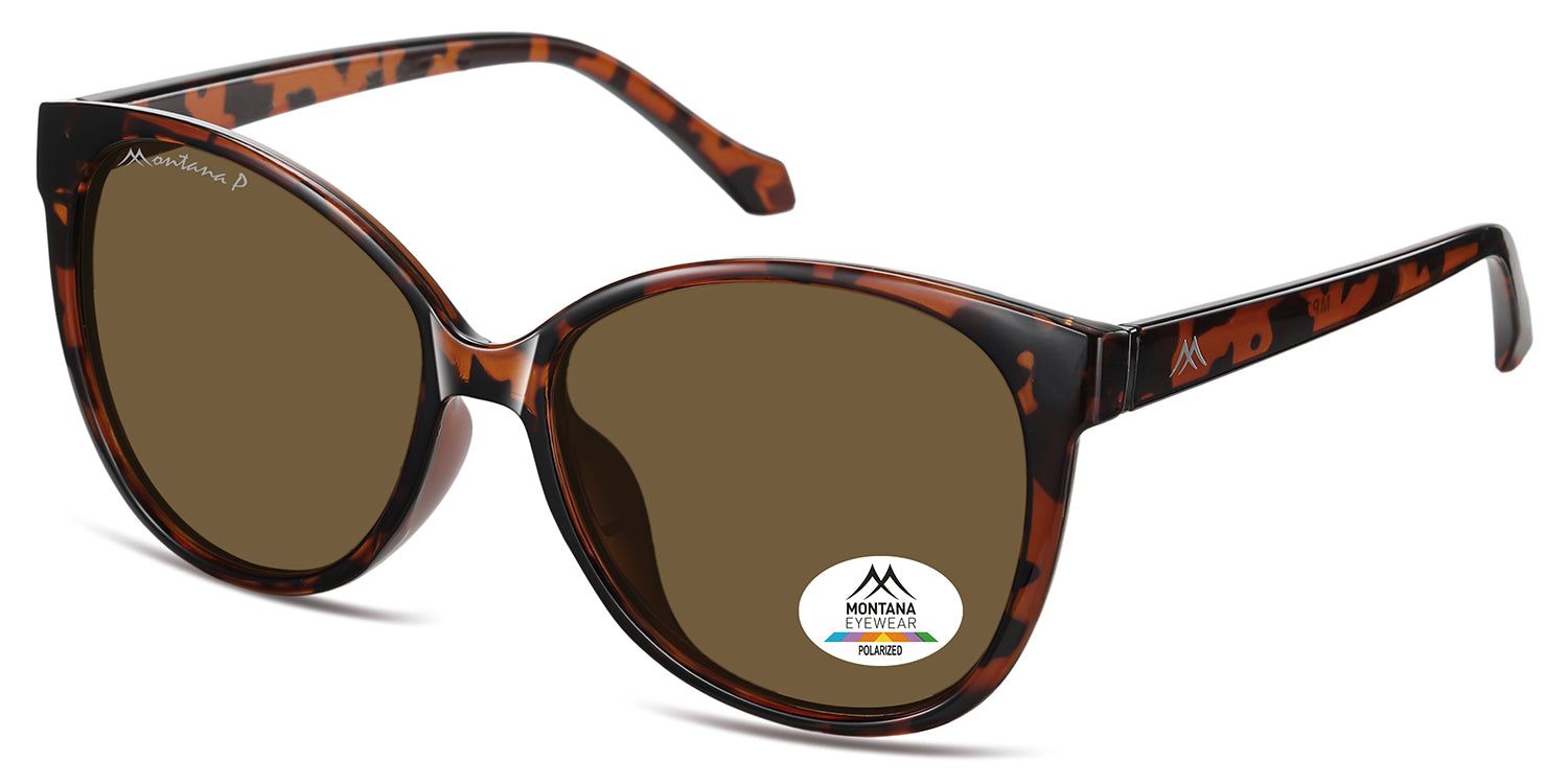 Occhiali da sole marroni con montatura marrone. "Montana P" sulla montatura. Adesivo "Montana Eyewear Polarized" su una lente.