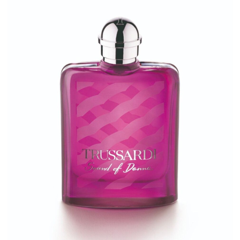 Flacone rosa con tappo argentato. Scritta: Trussardi Sound of Donna. Eau de Parfum.