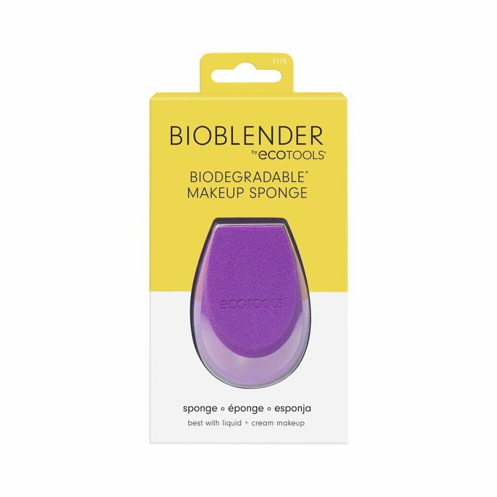 Spugna per trucco Bioblender viola in confezione. Scatola gialla con nome e testo del prodotto. Testo in 3 lingue in basso.