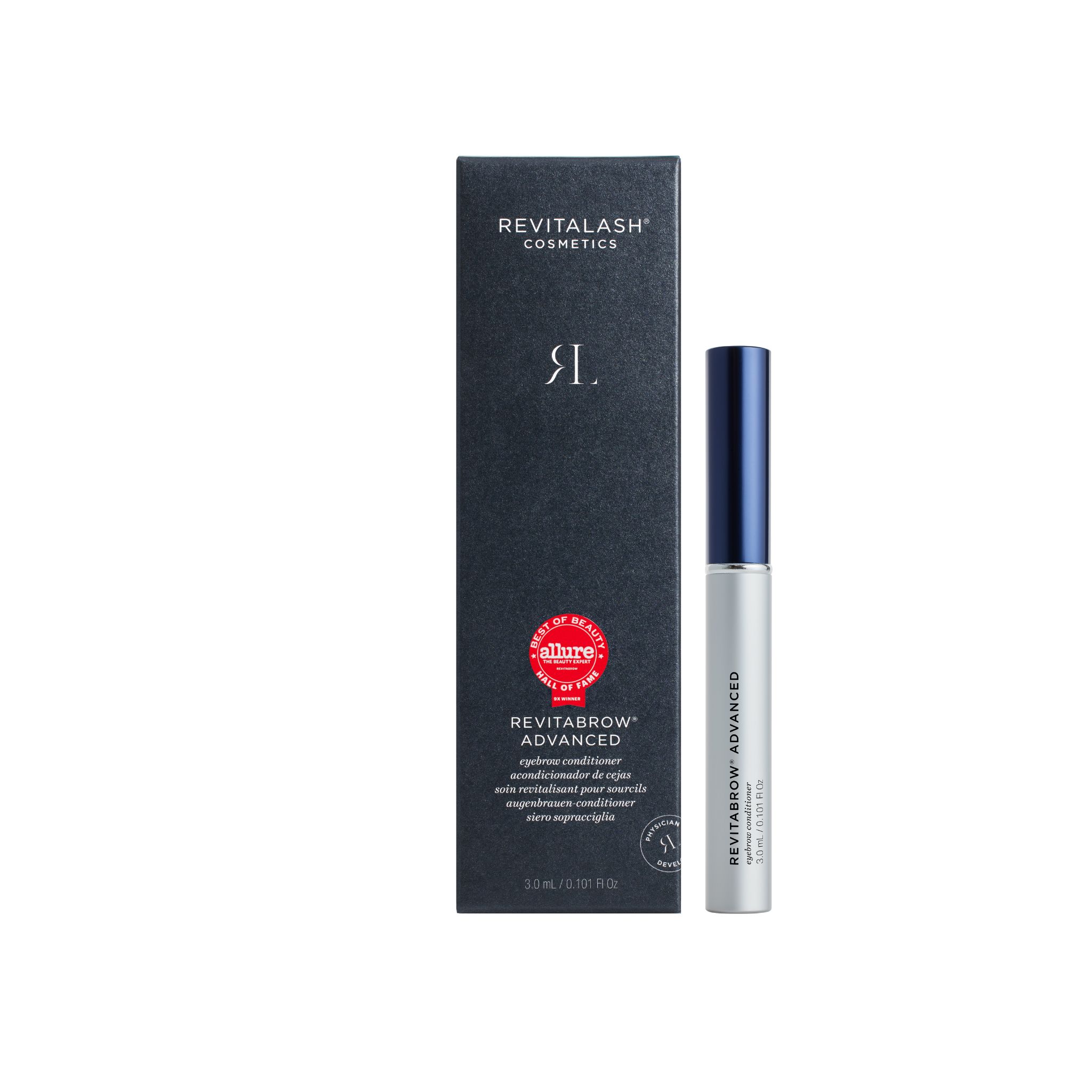 Confezione del prodotto e tubo. Confezione nera con nome del prodotto e logo. Tubo con tappo blu e corpo argentato.