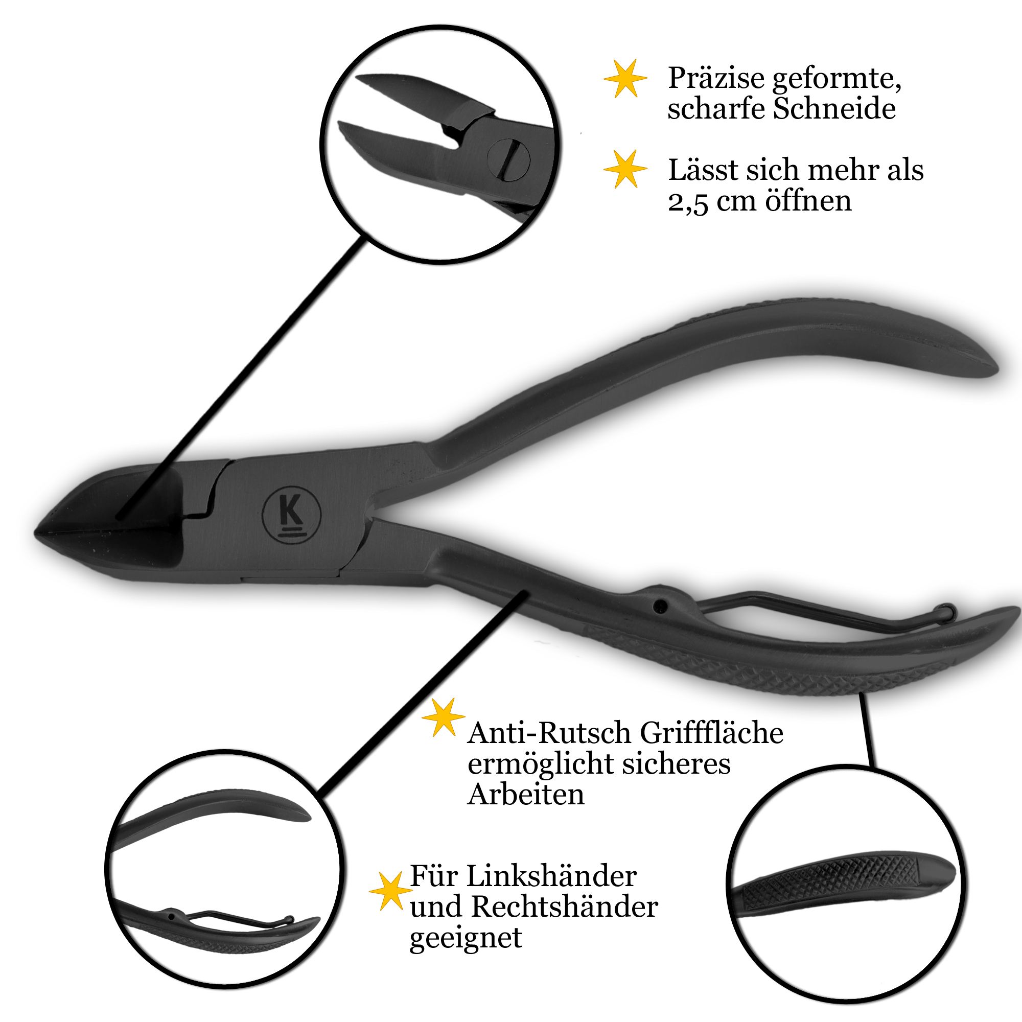 Pinza per unghie in acciaio inossidabile con annotazioni: lama affilata, apertura 2,5 cm, impugnatura antiscivolo, per mancini/destrorsi.