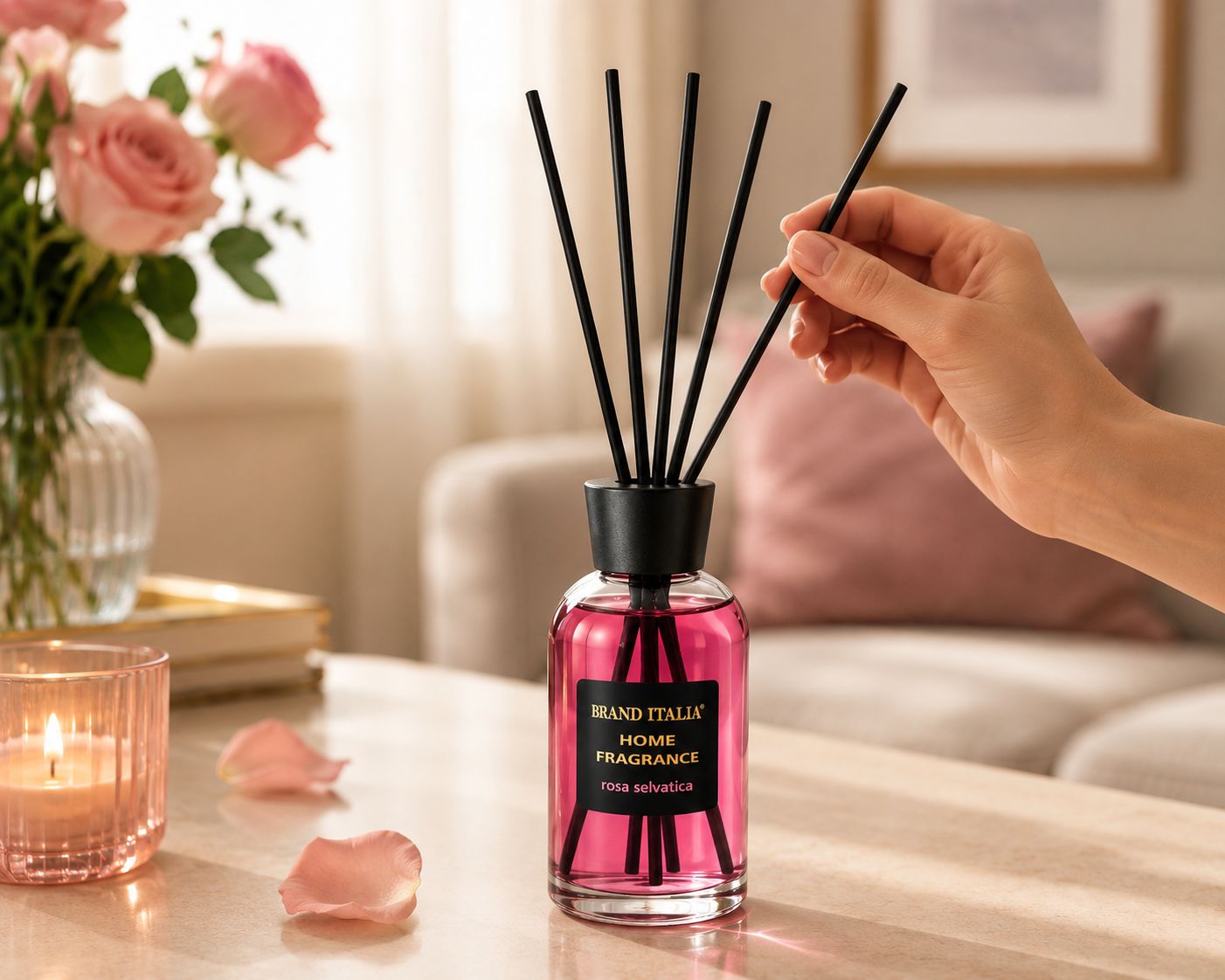 Bottiglia di vetro con liquido rosa e bastoncini profumati neri. Etichetta "Brand Italia Home Fragrance".