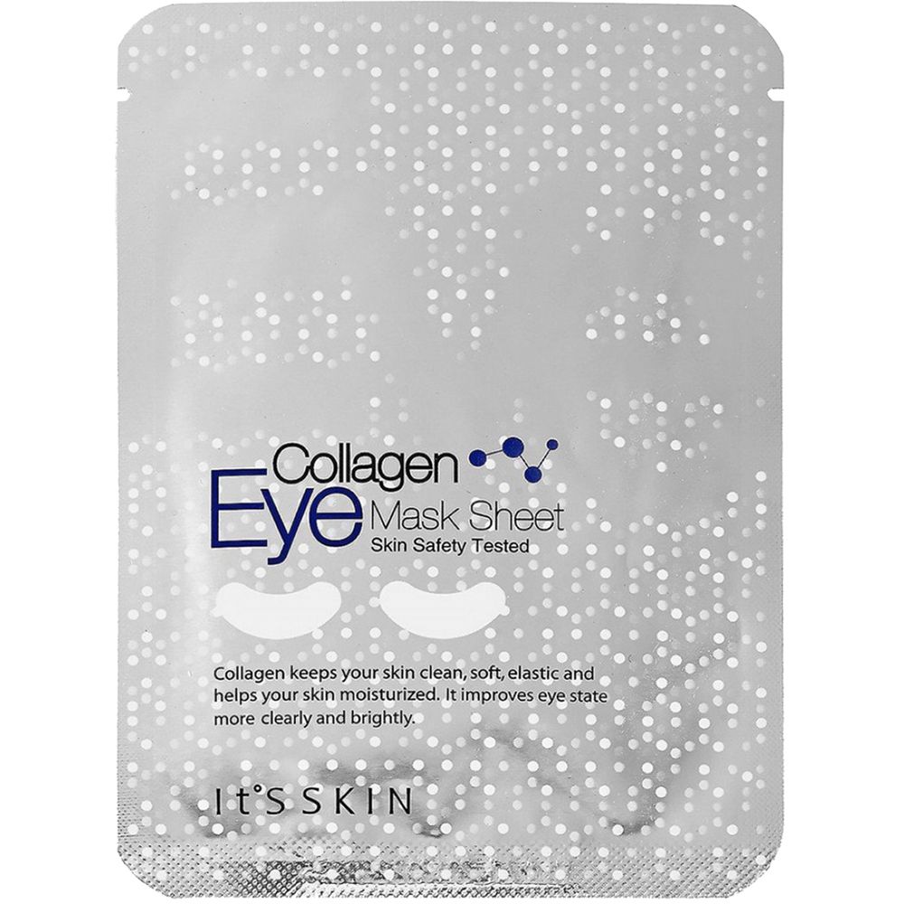 Confezione di maschere per occhi. Scritta: Collagen Eye Mask Sheet. Marchio: It's Skin.