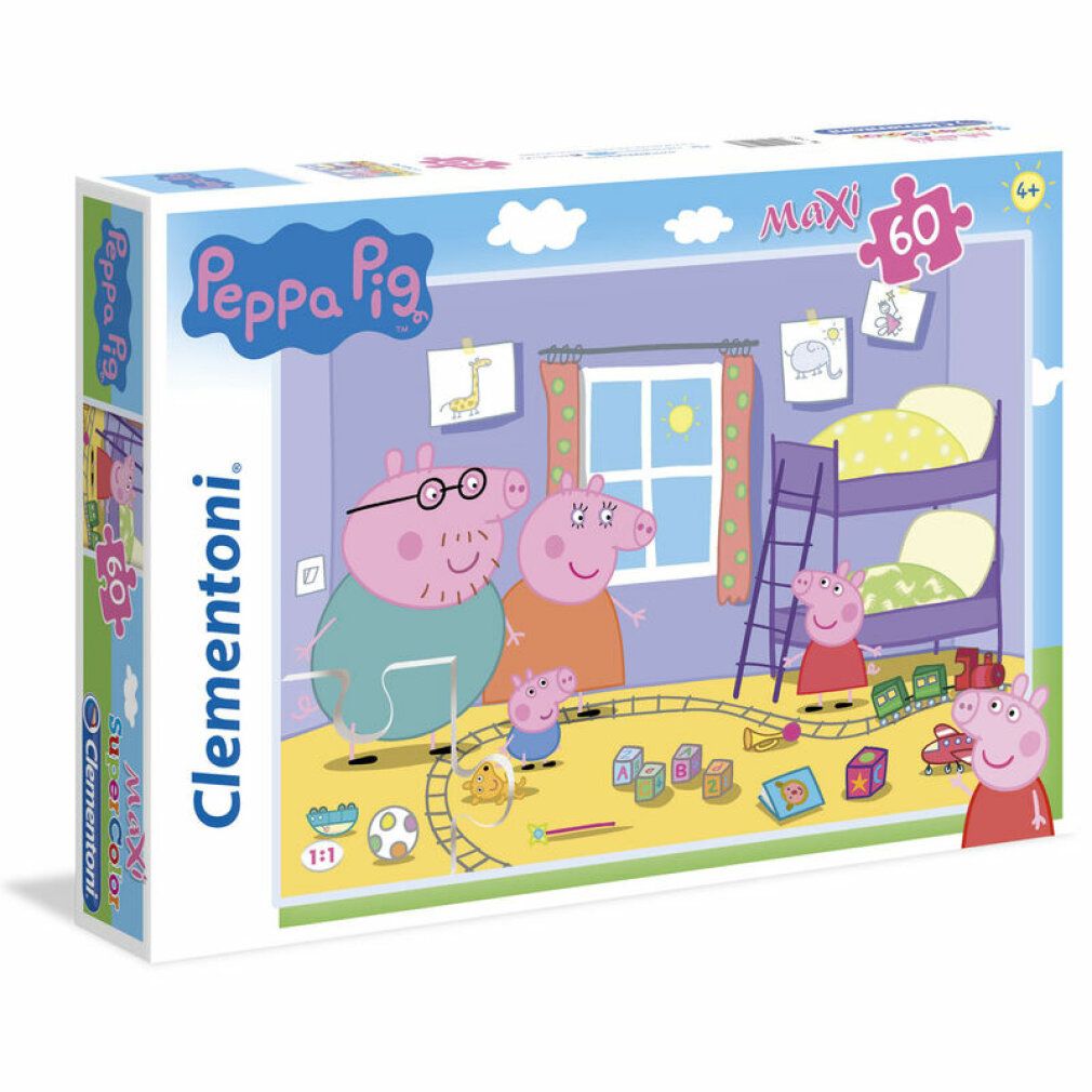 Scatola di cartone Peppa Pig Maxi-Puzzle. 60 pezzi. Logo Clementoni. Immagine della famiglia Peppa Pig in una stanza.